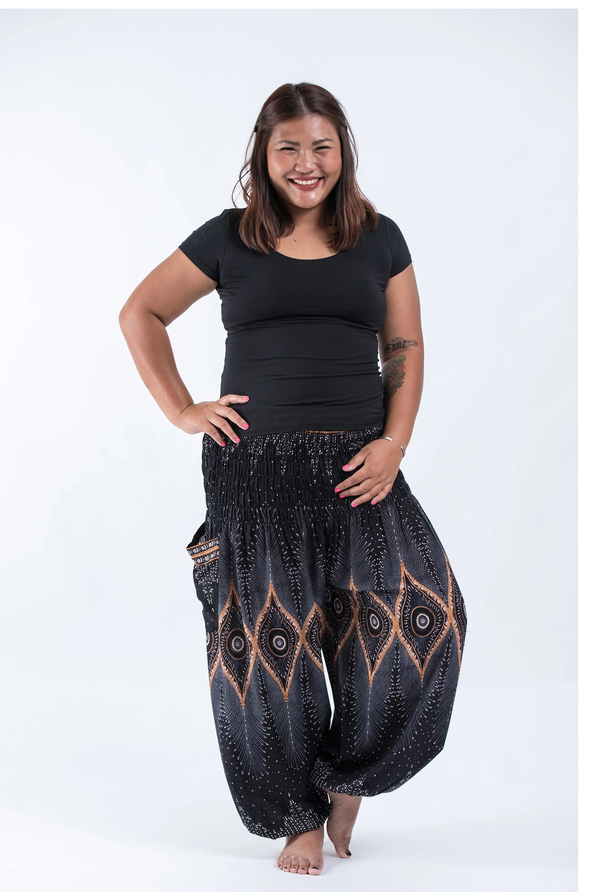 Plus Size Diamond Peacock Women's Harem Pants in Black