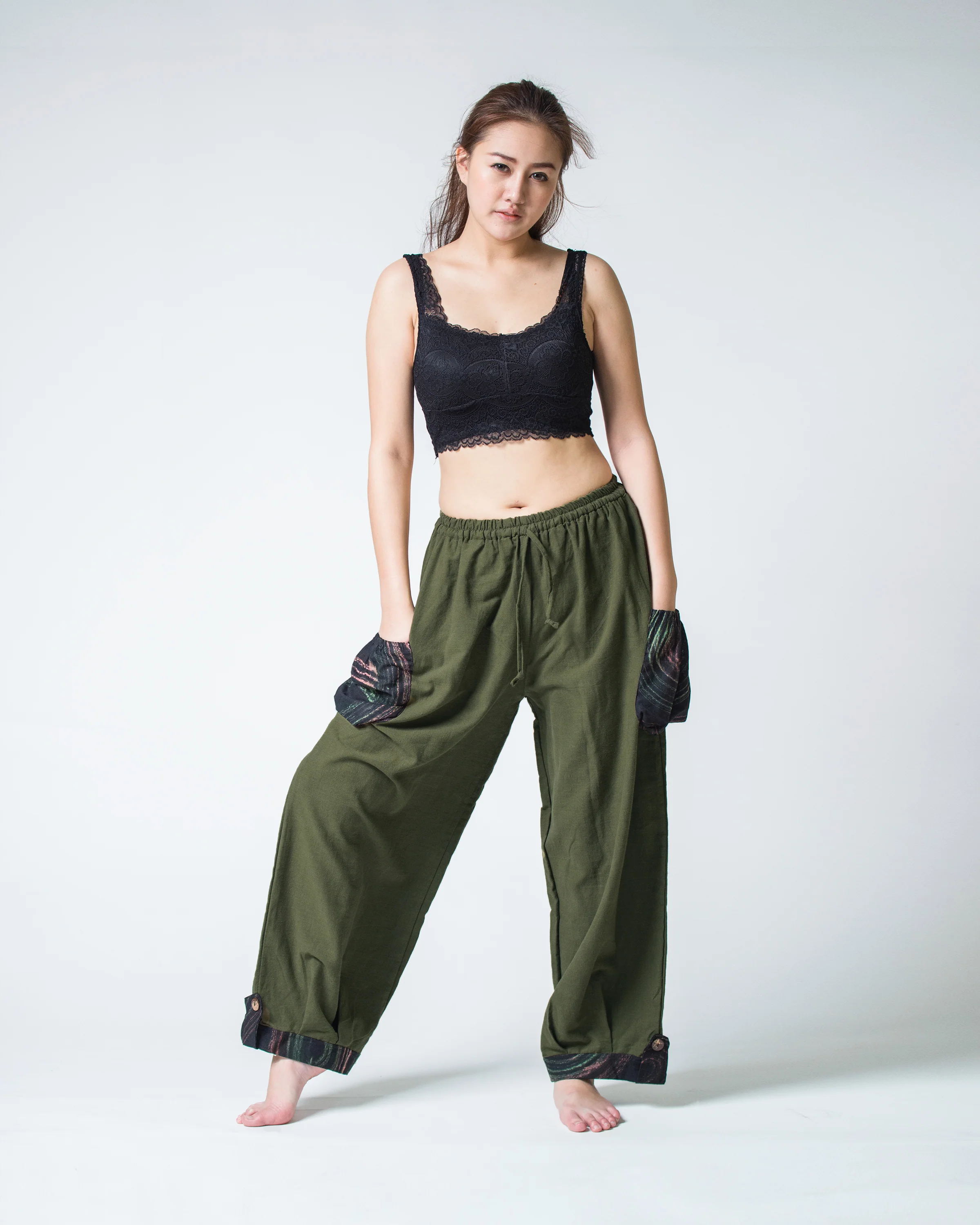 Thai Cotton Women Drawstring Pants With Hill Tribe Trim Olive