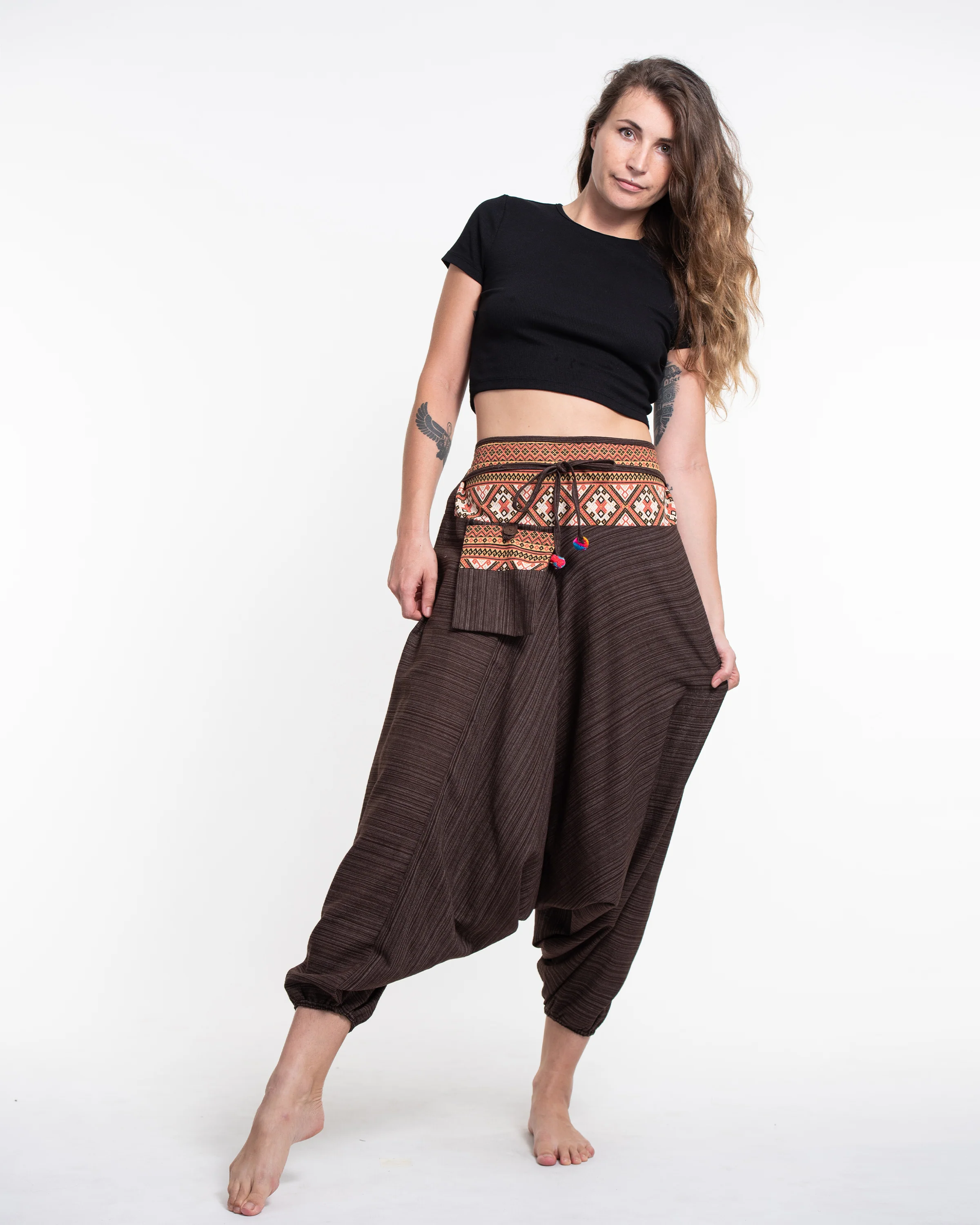 Pinstripe Cotton Low Cut Women's Harem Pants With Hill Tribe Trim Brown