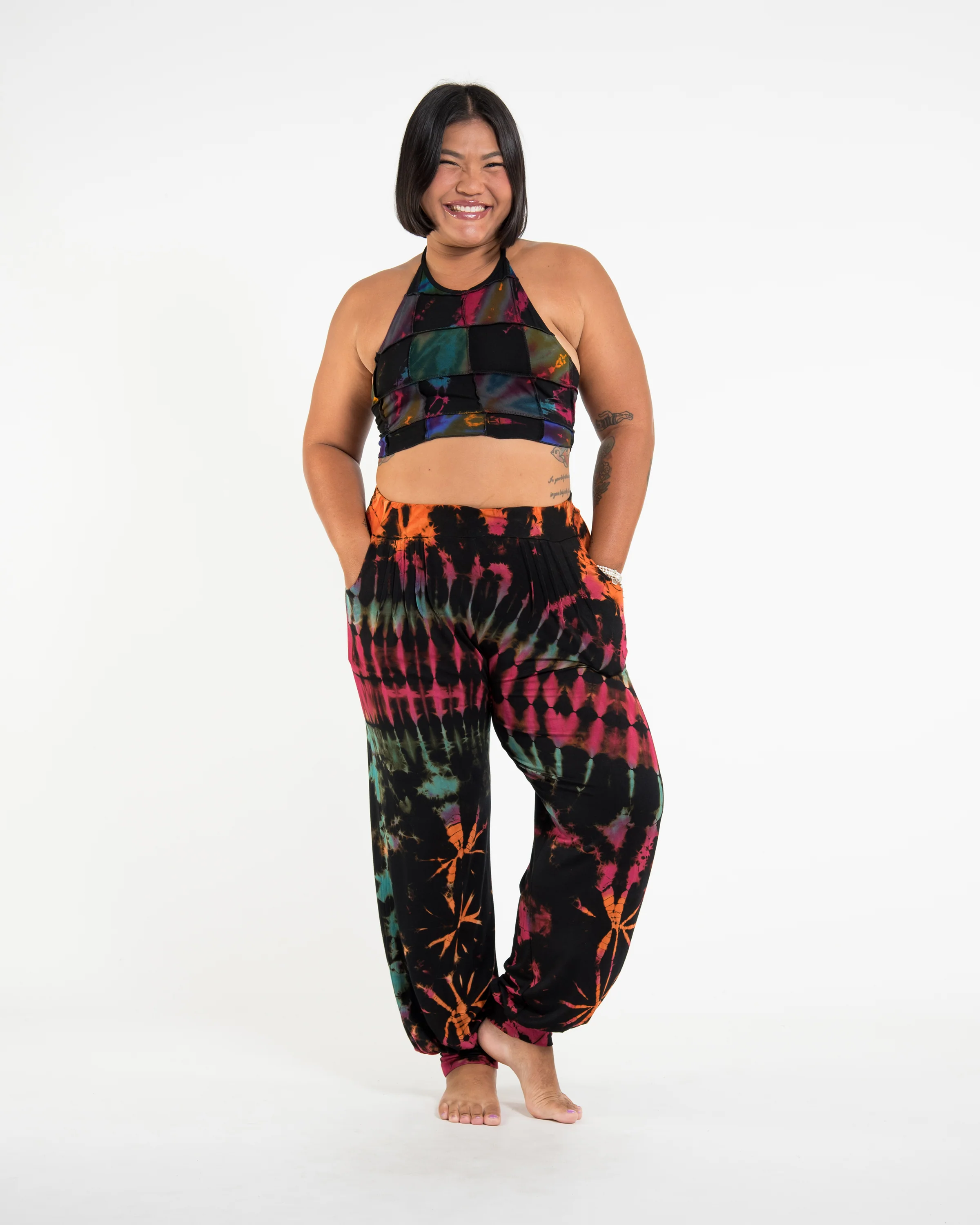 Plus Size Tie Dye Cotton Women Harem Pants in Black Pink