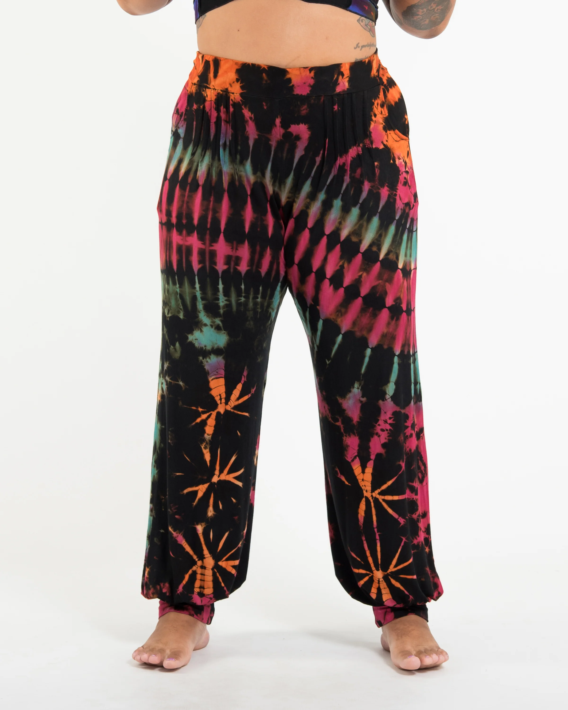 Plus Size Tie Dye Cotton Women Harem Pants in Black Pink