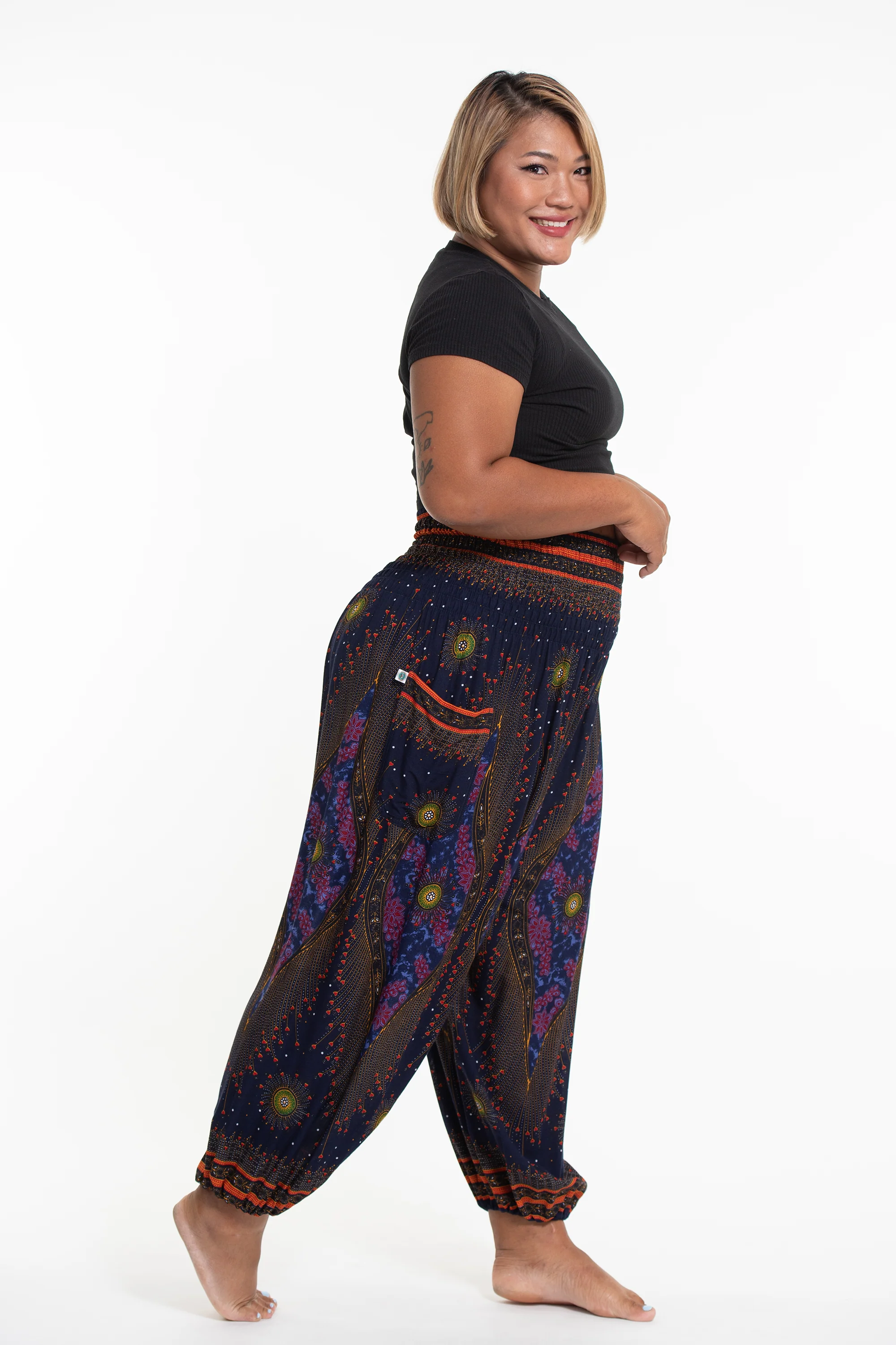1391-Plus-Size-Peacock-Eye-Women-s-Harem-Pants-in-Navy-3.webp Plus Size Peacock Eye Women's Harem Pants in Navy