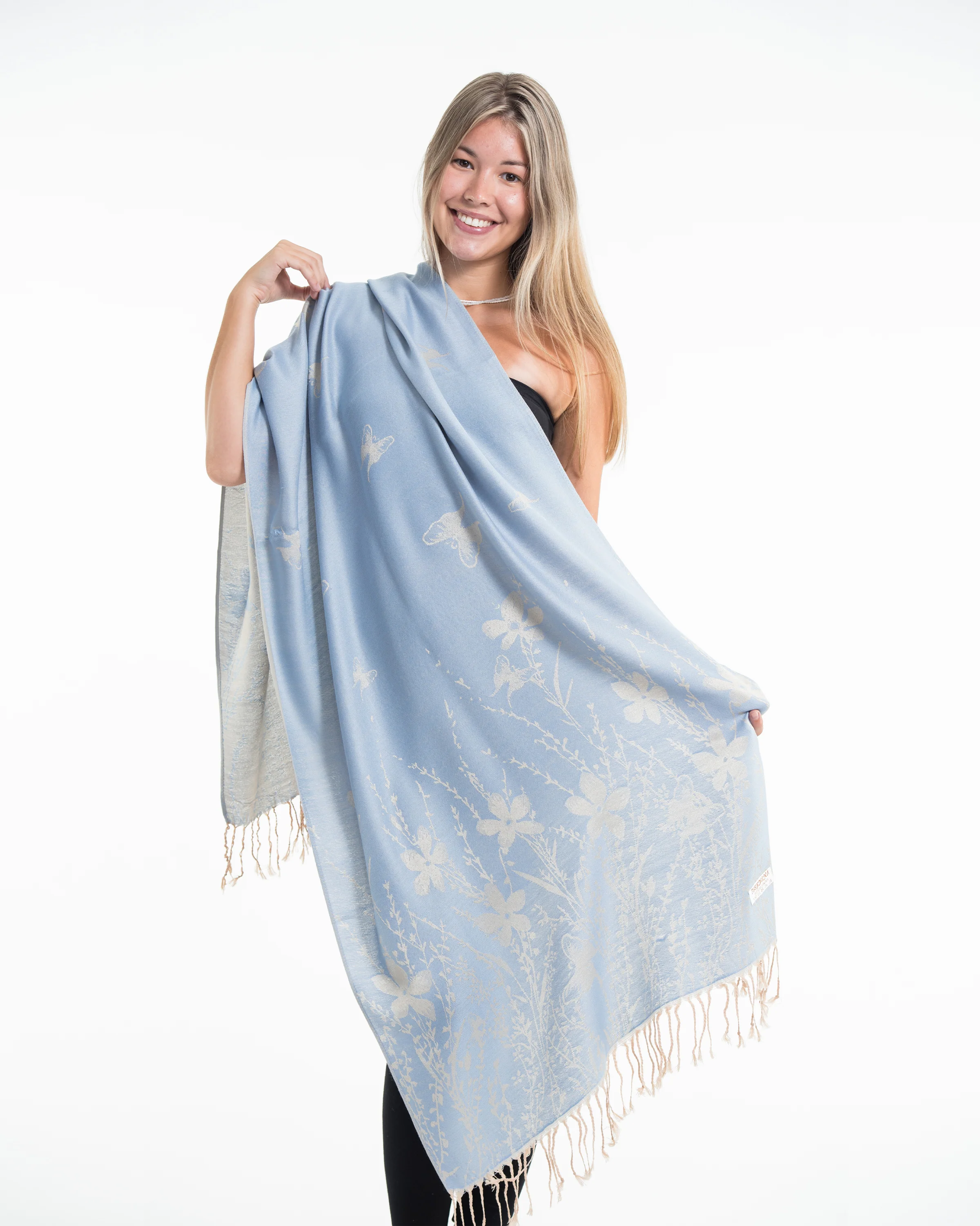Nepal Floral Butterfly Pashmina Shawl Scarf in Blue