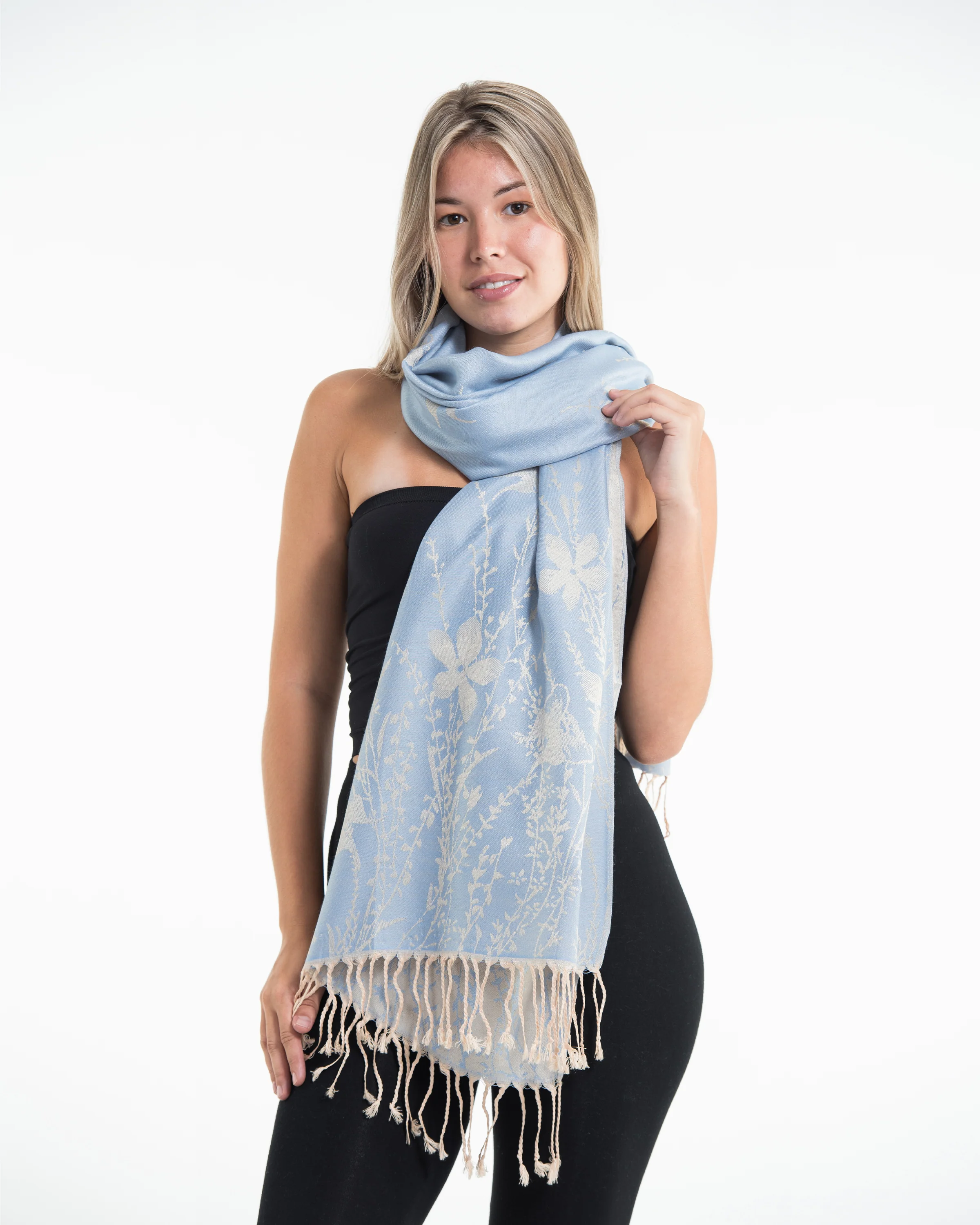 Nepal Floral Butterfly Pashmina Shawl Scarf in Blue
