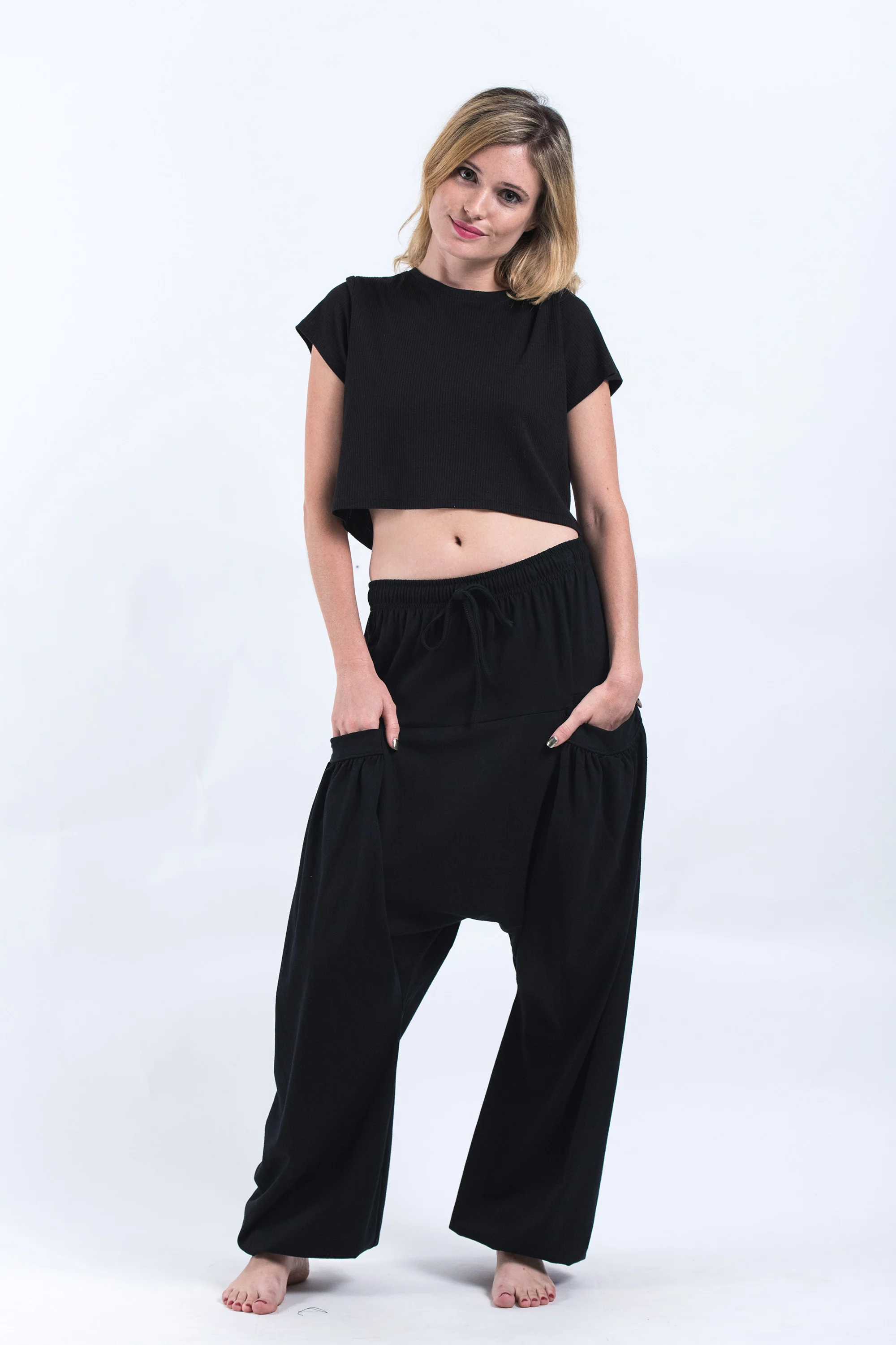 1408-Cotton-Women-Harem-Pants-in-Solid-Black-3.webp Cotton Women Harem Pants in Solid Black