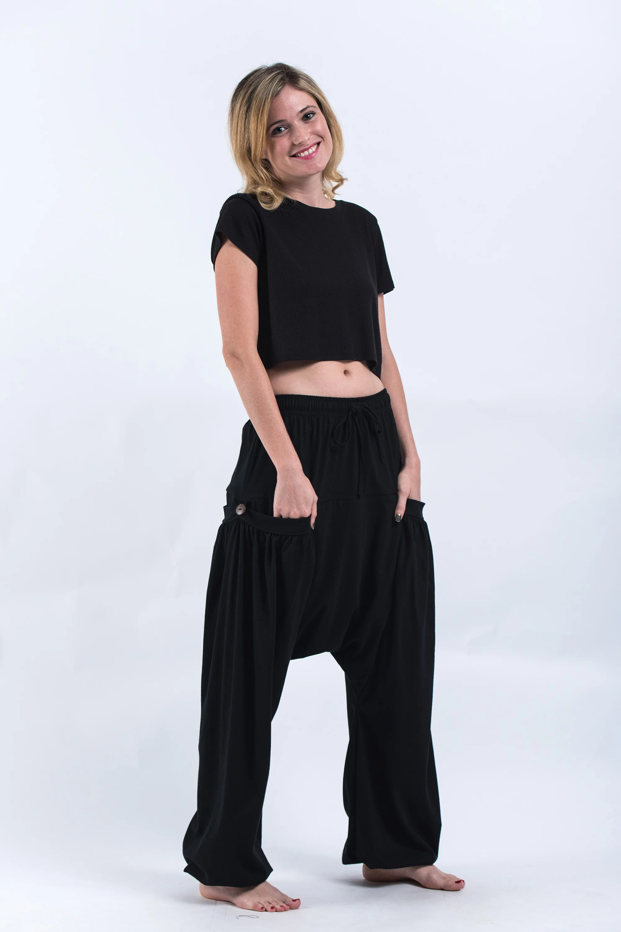 1408-Cotton-Women-Harem-Pants-in-Solid-Black-4.webp Cotton Women Harem Pants in Solid Black