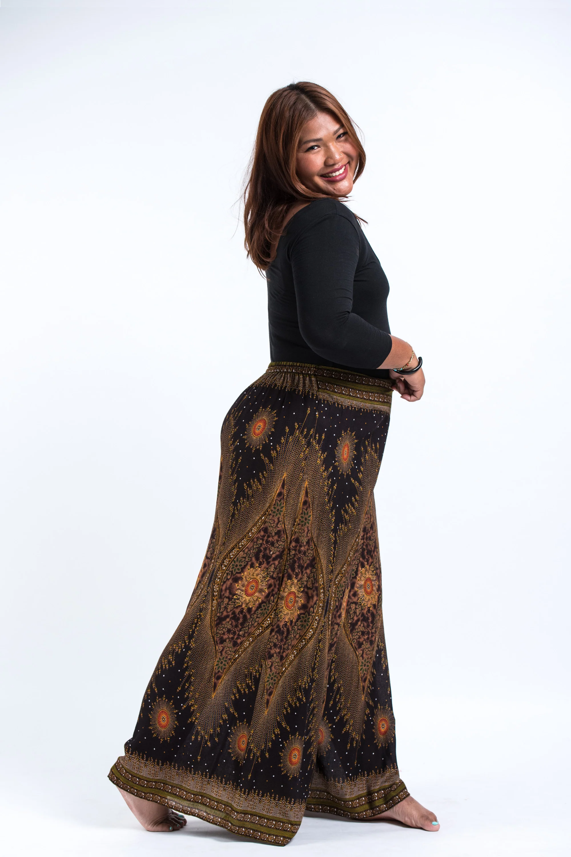1410-Plus-Size-Peacock-Eyes-Palazzo-Style-Harem-Pants-in-Brown-Gold-3.webp Plus Size Peacock Eyes Palazzo Style Harem Pants in Brown Gold