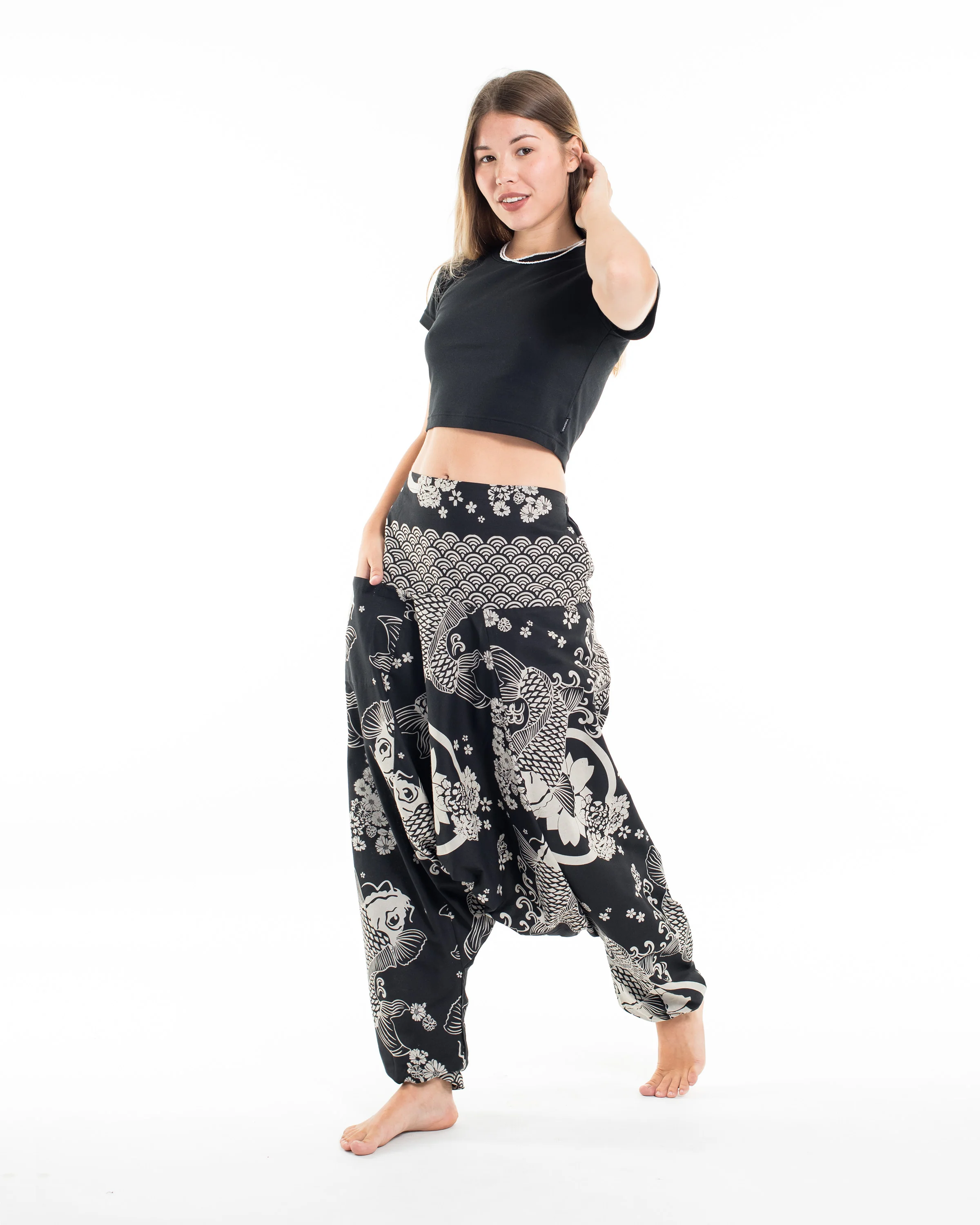 Hill Tribe Koi Fish Print Women's Harem Pants in Black