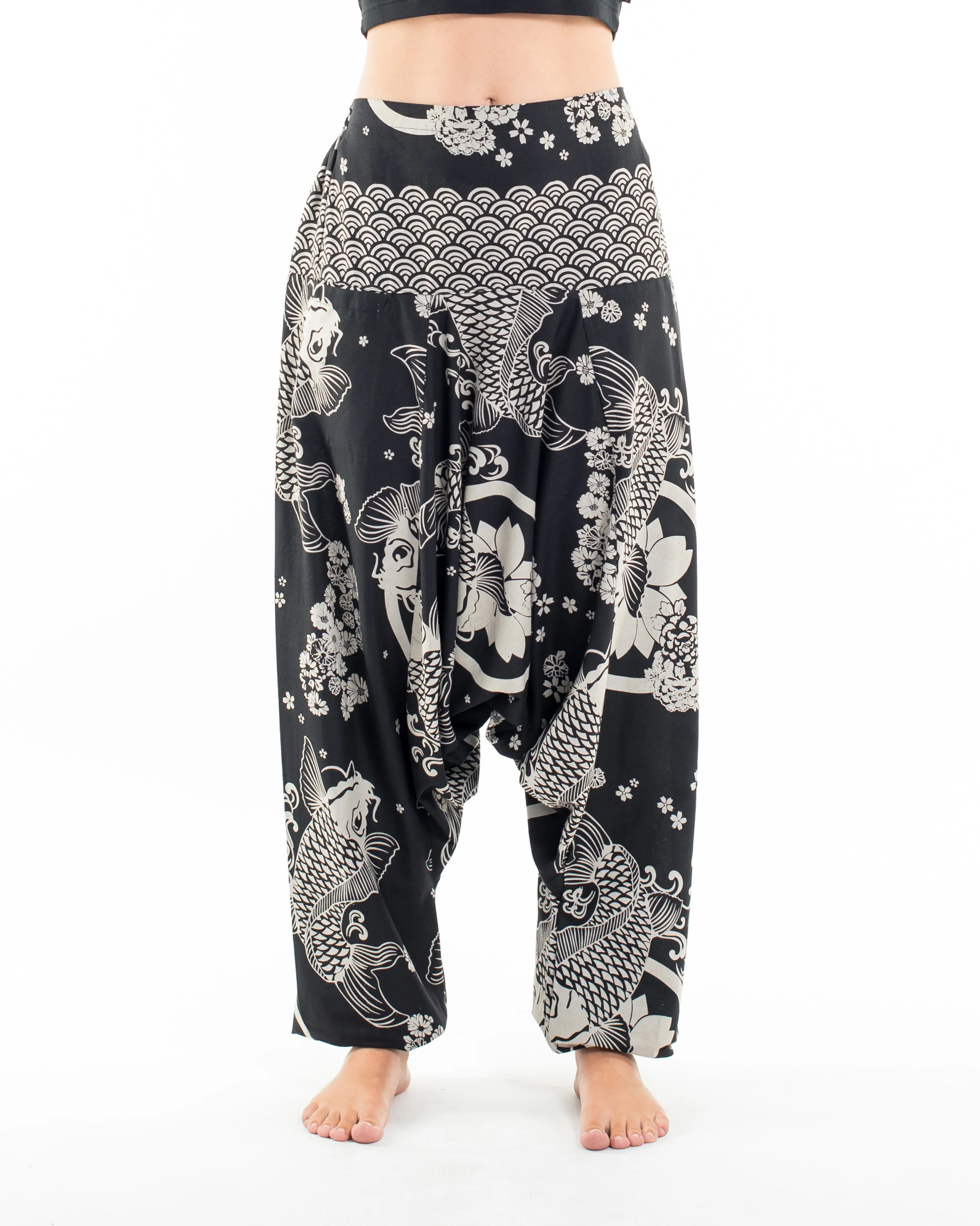 Hill Tribe Koi Fish Print Women's Harem Pants in Black