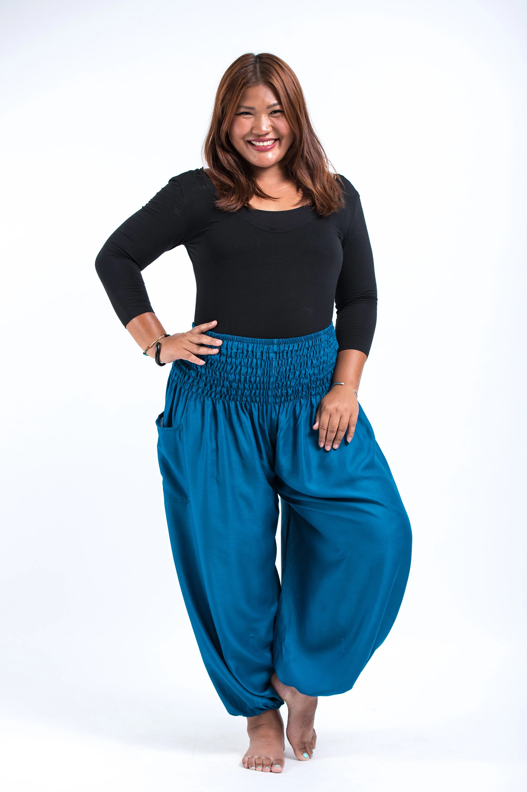 Plus Size Solid Color Women's Harem Pants in Aqua Blue