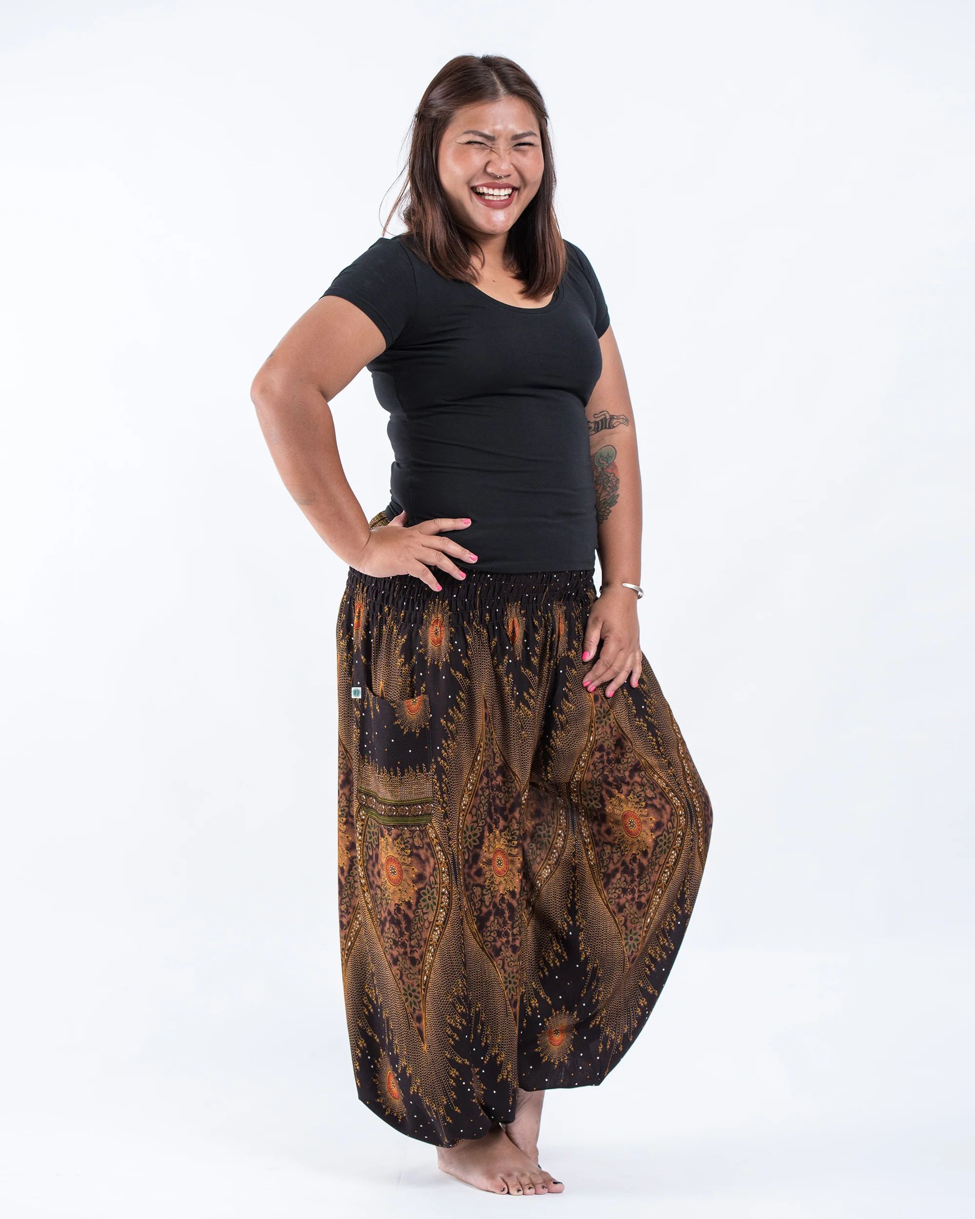 1441-Plus-Size-Peacock-Eye-Women-s-Harem-Pants-in-Brown-3.webp Plus Size Peacock Eye Women's Harem Pants in Brown