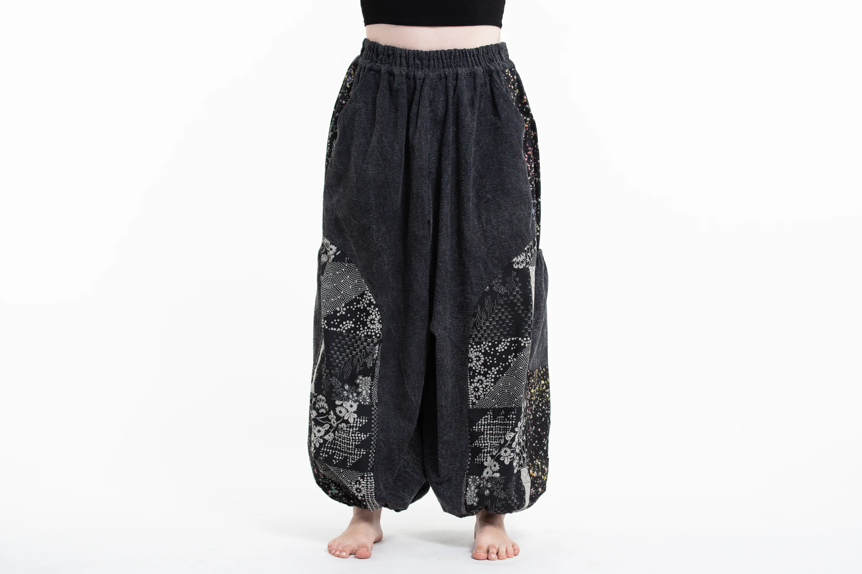 1454-Stone-Washed-Patchwork-Women-Unisex-Pants-in-Black-2.webp Stone Washed Patchwork Women Unisex Pants in Black