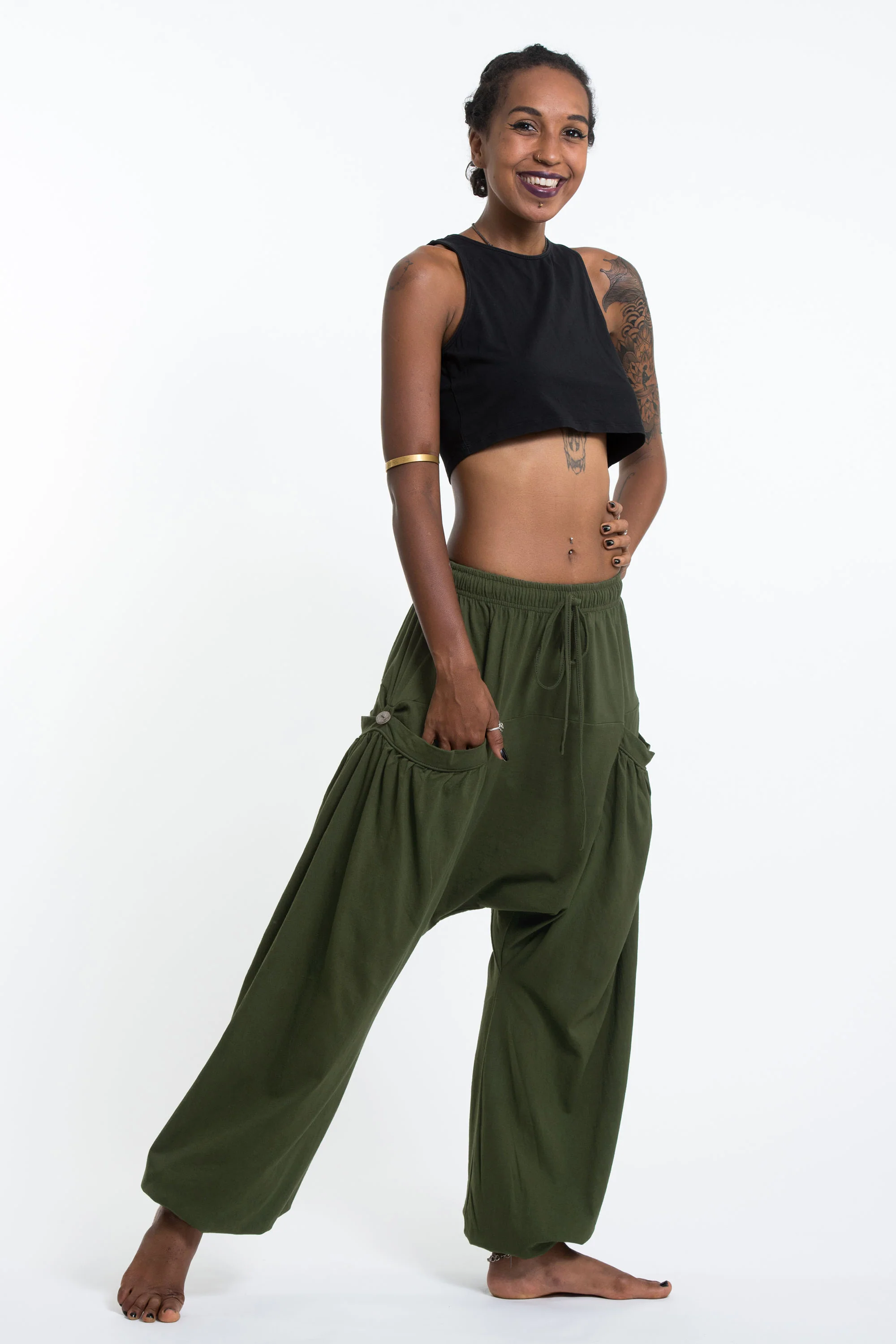 1456-Cotton-Women-Harem-Pants-in-Solid-Green-3.webp Cotton Women Harem Pants in Solid Green