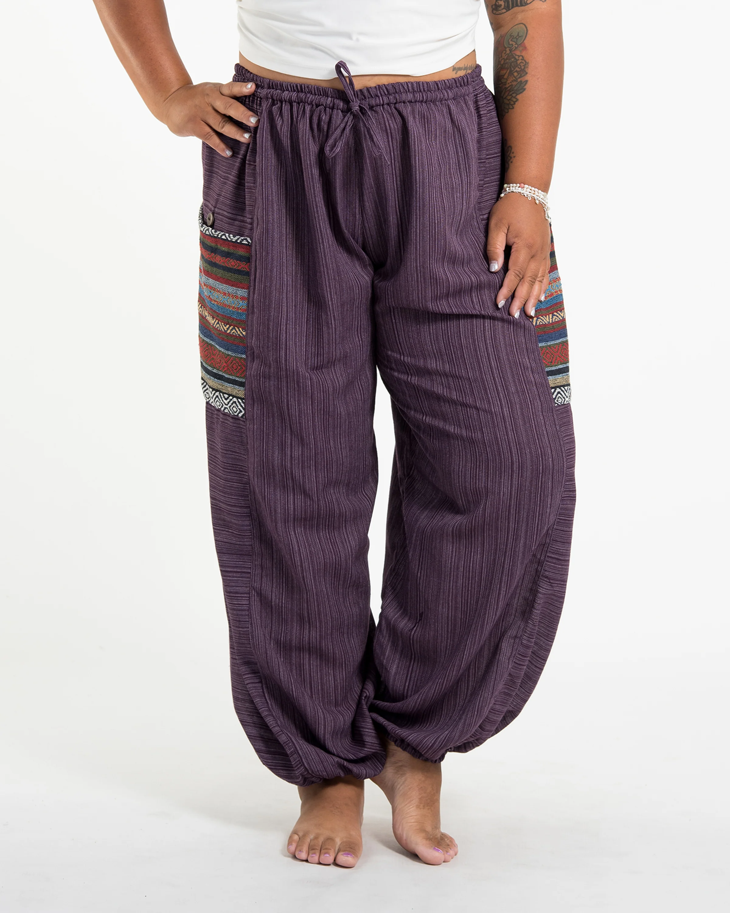 Plus Size Women's Drawstring Pinstripes Cotton Pants with Aztec Pocket in Purple