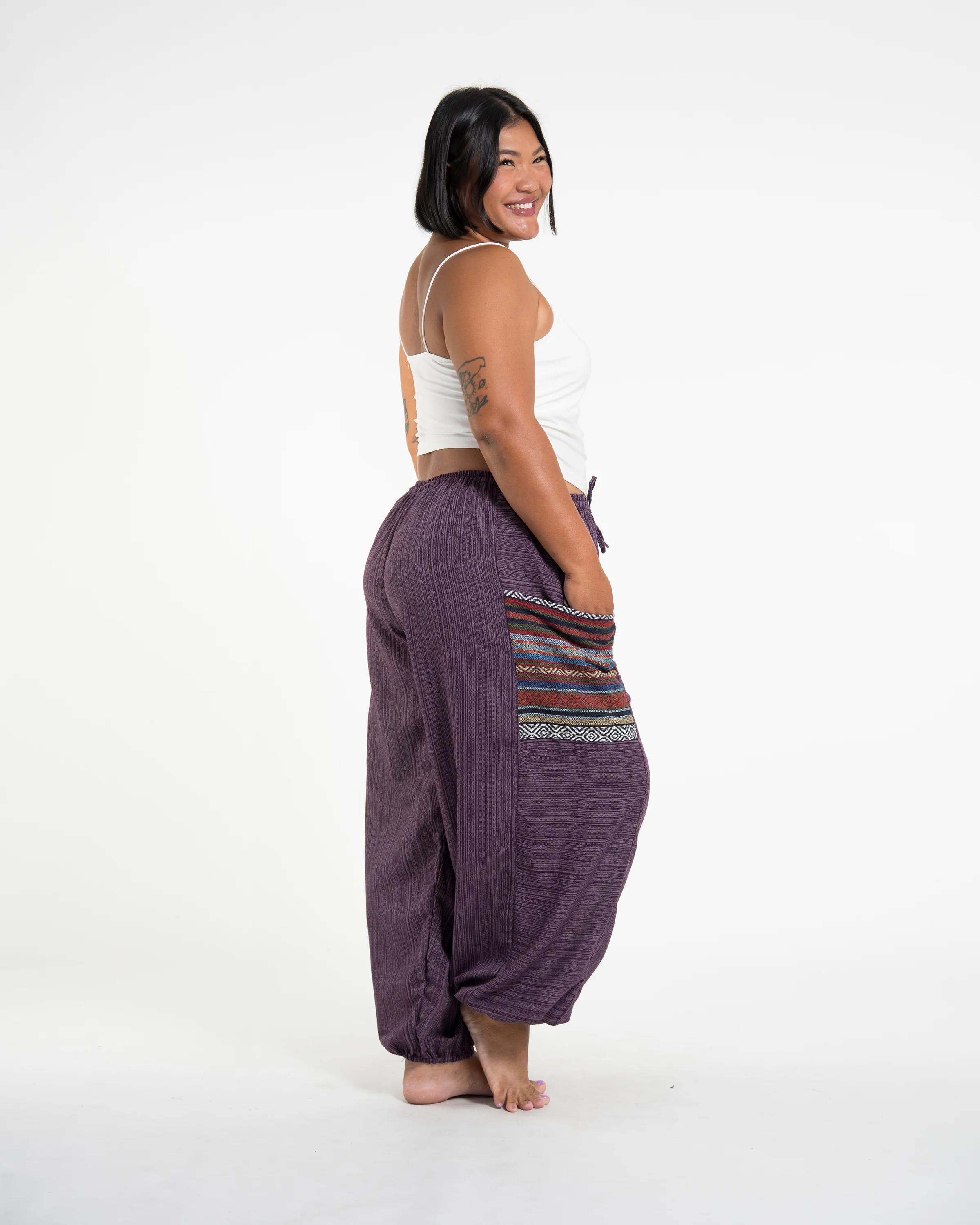 1459-Plus-Size-Women-s-Drawstring-Pinstripes-Cotton-Pants-with-Aztec-Pocket-in-Purple-3.webp Plus Size Women's Drawstring Pinstripes Cotton Pants with Aztec Pocket in Purple