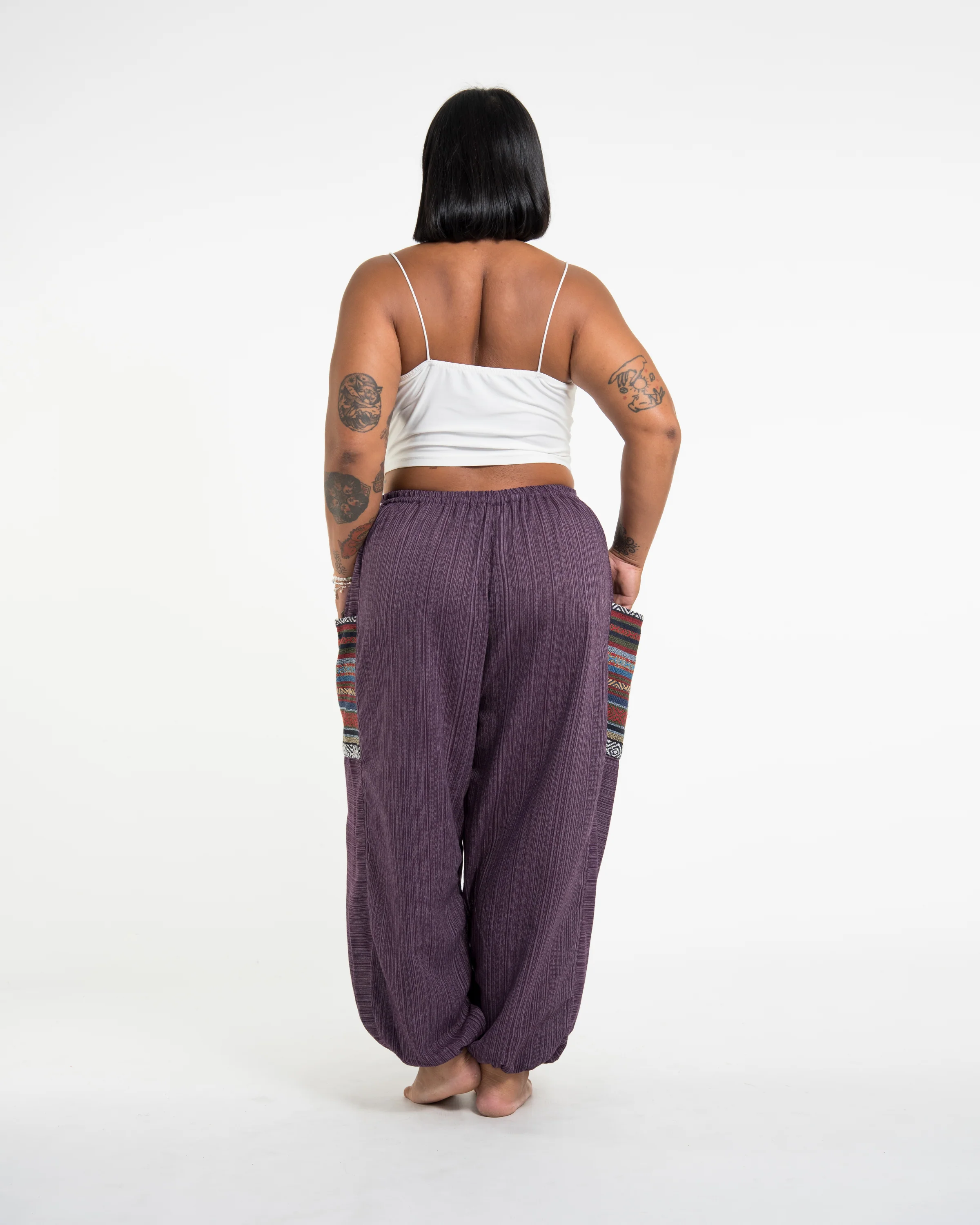 1459-Plus-Size-Women-s-Drawstring-Pinstripes-Cotton-Pants-with-Aztec-Pocket-in-Purple-4.webp Plus Size Women's Drawstring Pinstripes Cotton Pants with Aztec Pocket in Purple