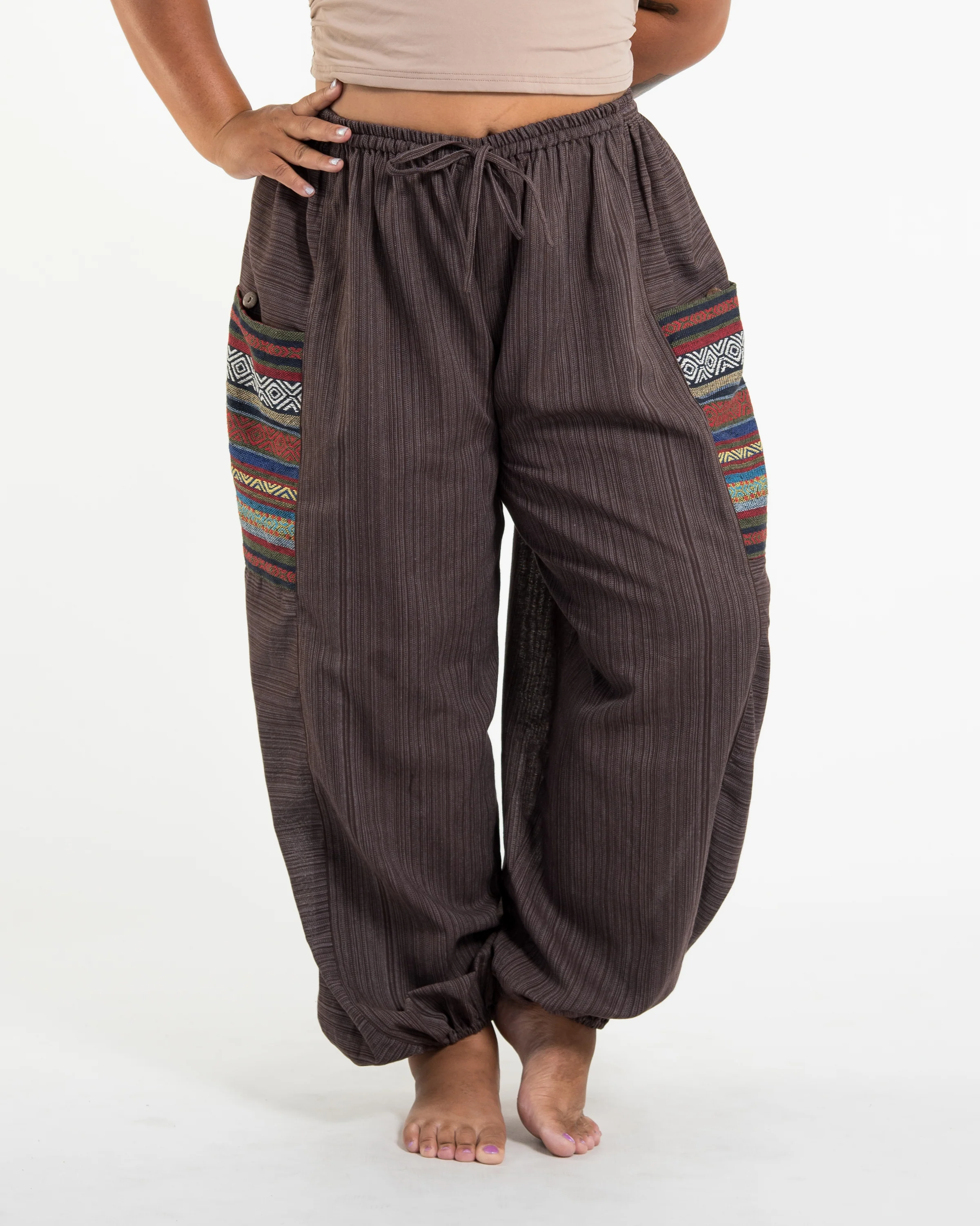 1465-Plus-Size-Women-s-Drawstring-Pinstripes-Cotton-Pants-with-Aztec-Pocket-in-Brown-2.webp Plus Size Women's Drawstring Pinstripes Cotton Pants with Aztec Pocket in Brown