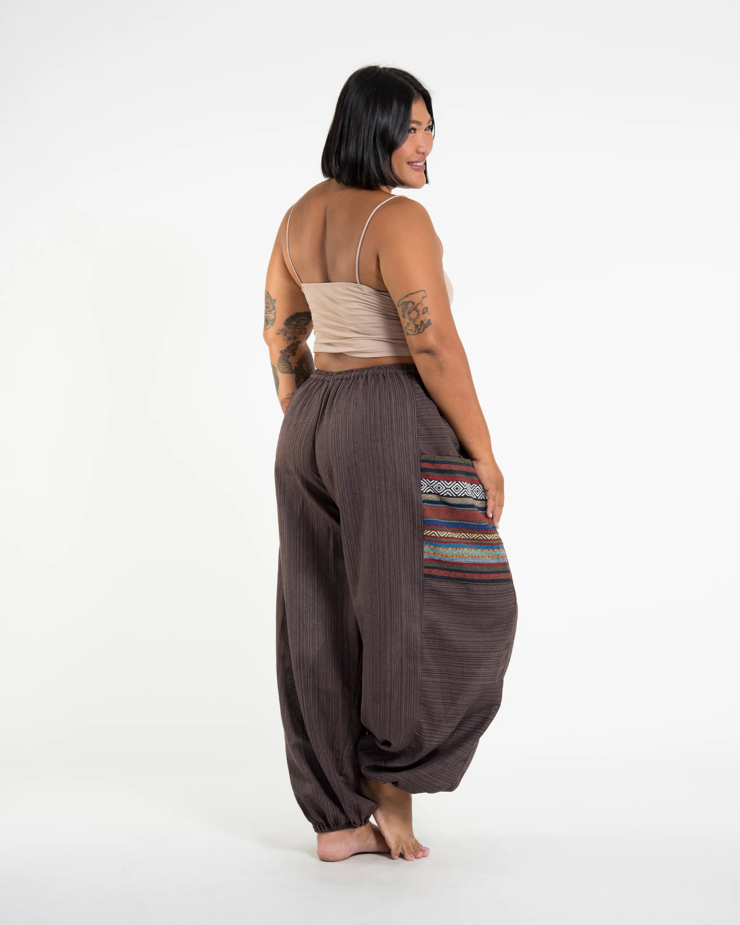 1465-Plus-Size-Women-s-Drawstring-Pinstripes-Cotton-Pants-with-Aztec-Pocket-in-Brown-3.webp Plus Size Women's Drawstring Pinstripes Cotton Pants with Aztec Pocket in Brown