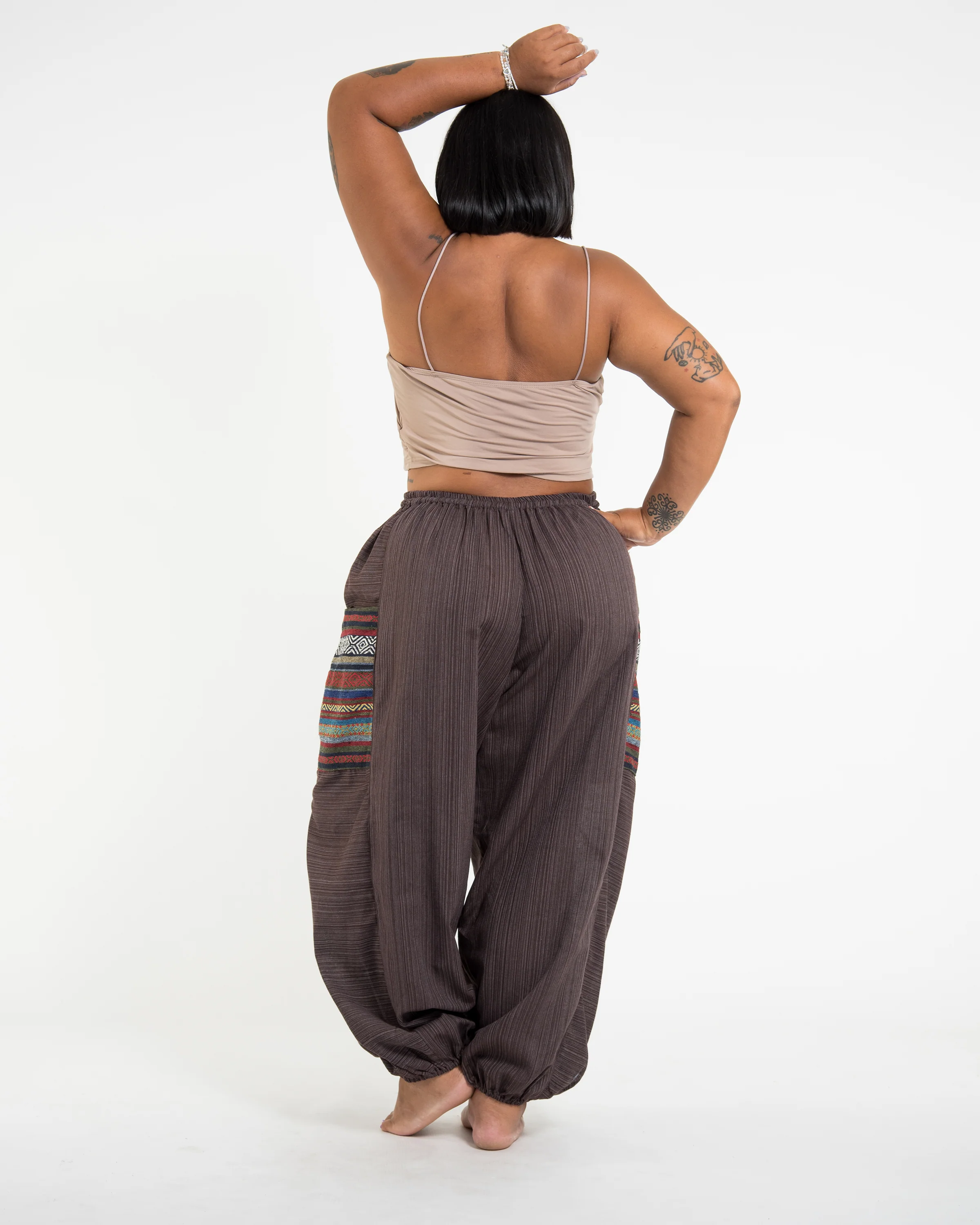 1465-Plus-Size-Women-s-Drawstring-Pinstripes-Cotton-Pants-with-Aztec-Pocket-in-Brown-4.webp Plus Size Women's Drawstring Pinstripes Cotton Pants with Aztec Pocket in Brown