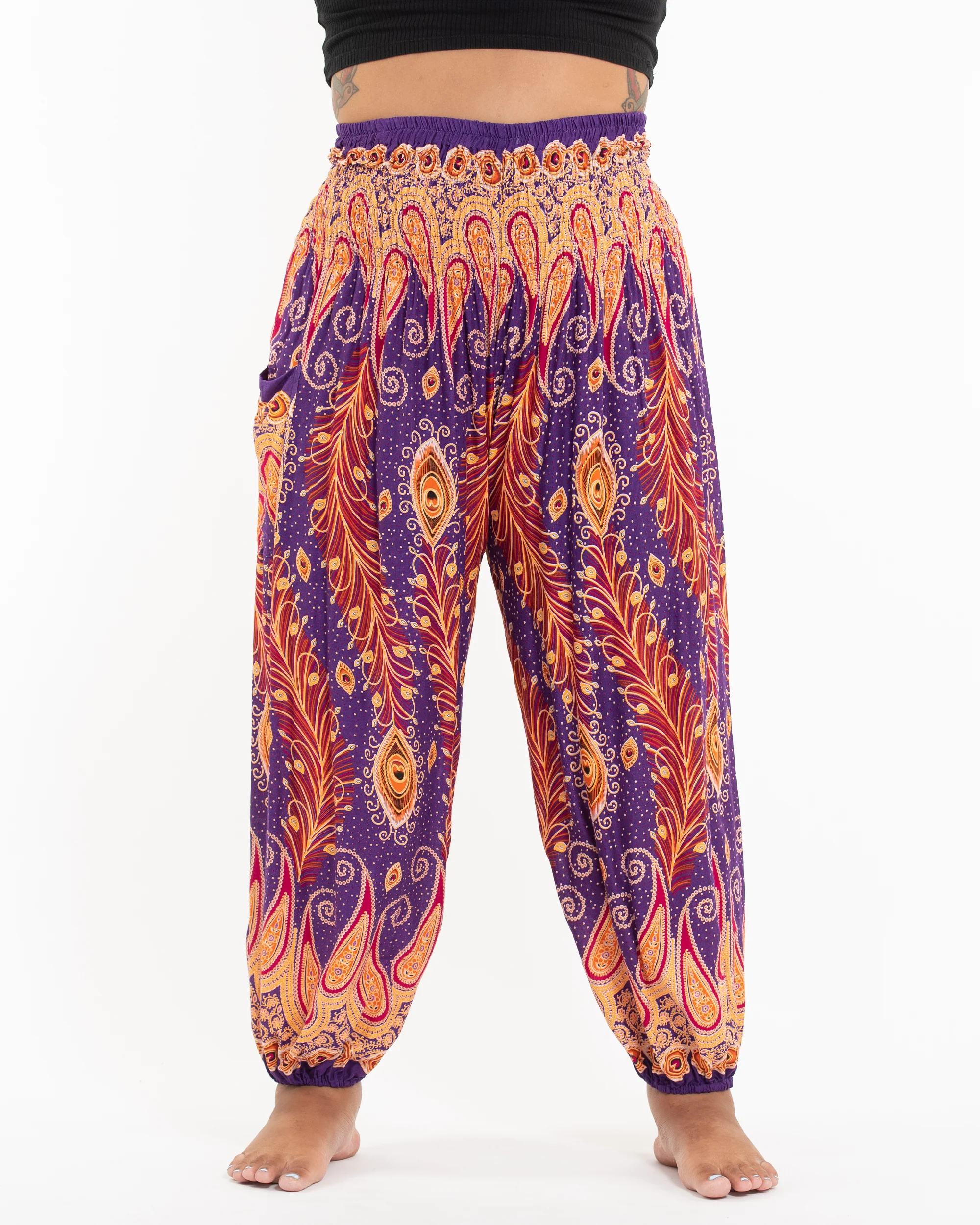 Plus Size Peacock Paisley Women's Harem Pants in Purple