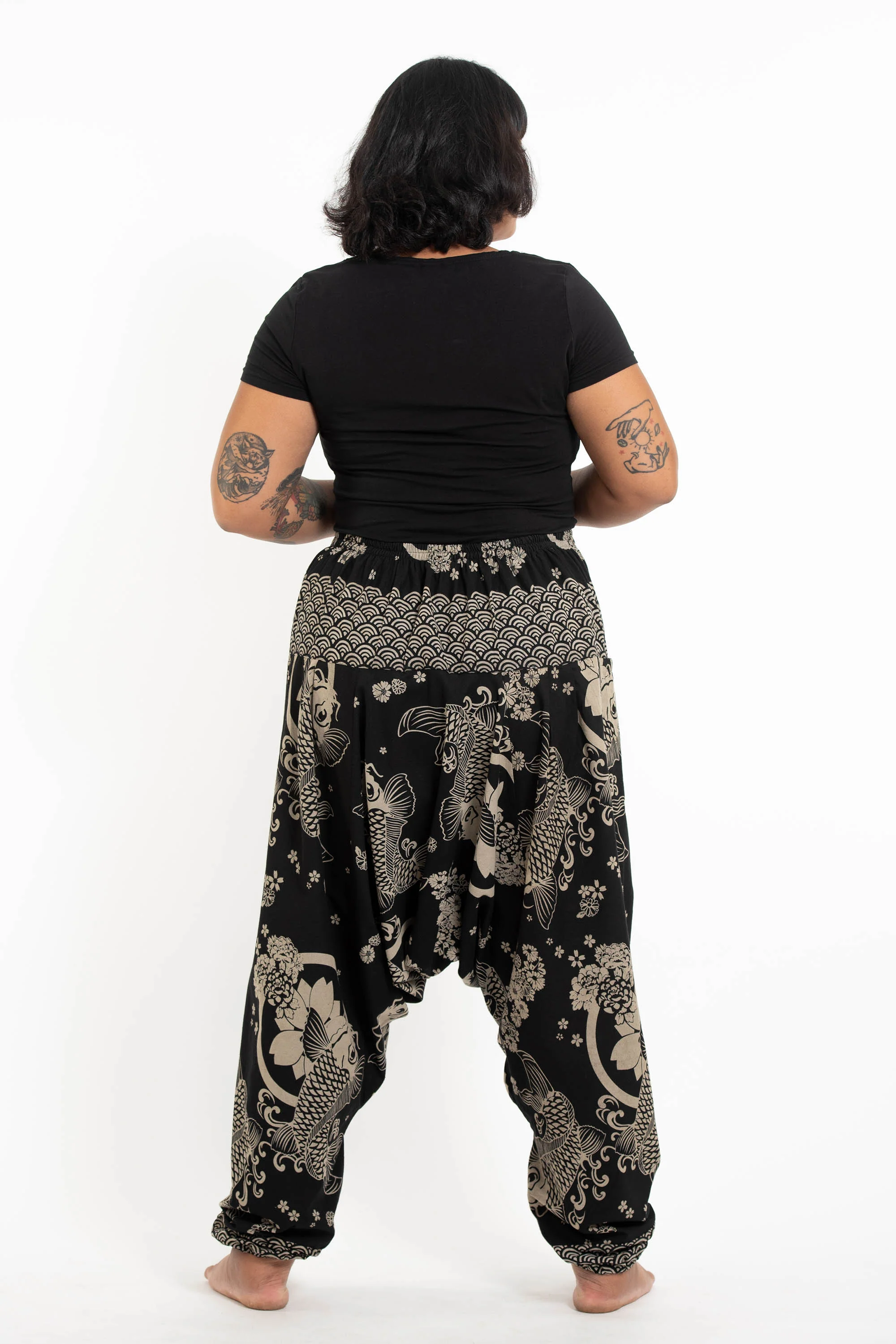 1469-Plus-Size-Hill-Tribe-Koi-Fish-Print-Women-s-Harem-Pants-in-Black-4.webp Plus Size Hill Tribe Koi Fish Print Women's Harem Pants in Black