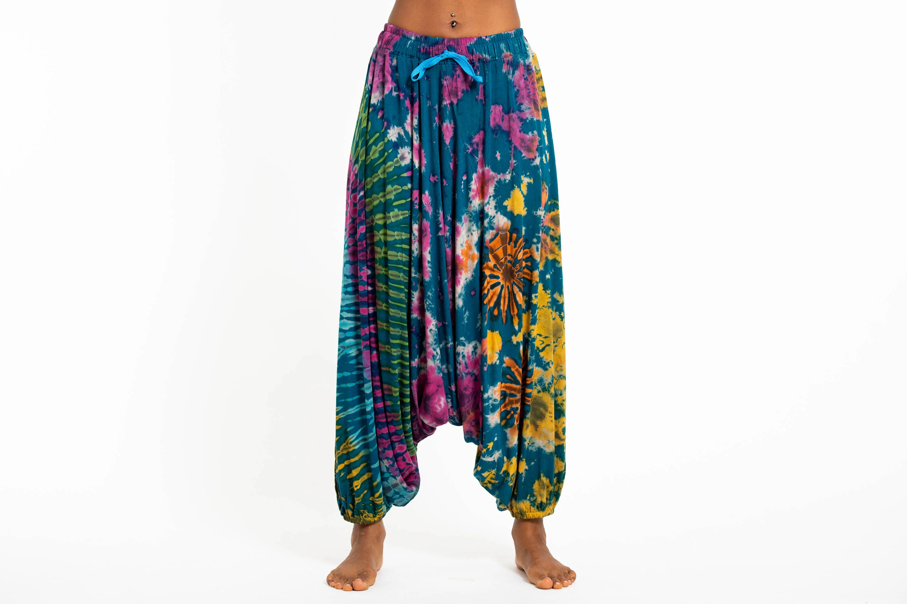 Tie Dye Women's Spandex Cotton Low Cut Harem Pants in Blue