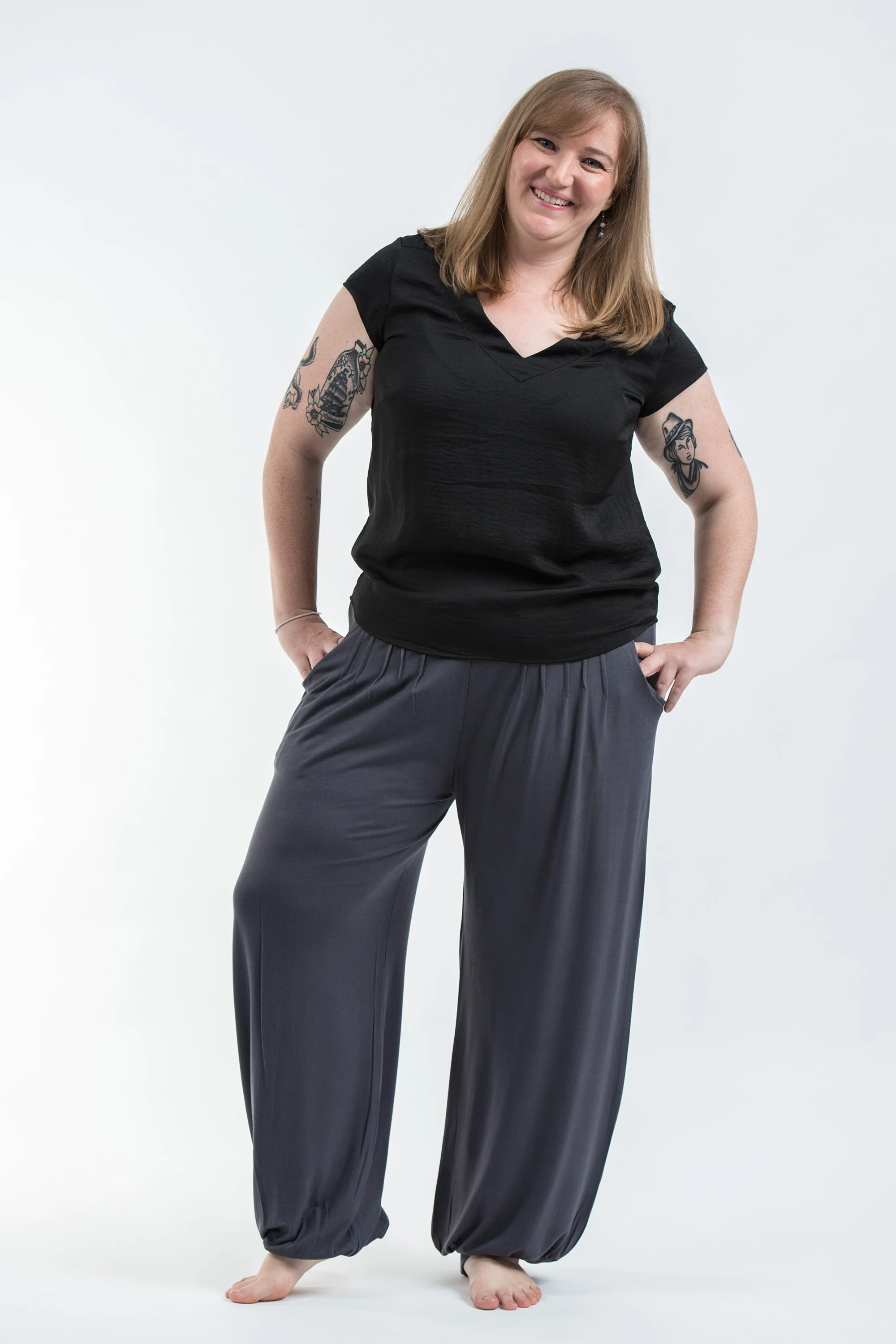 Plus Size Cotton Women Harem Pants in Solid Gray