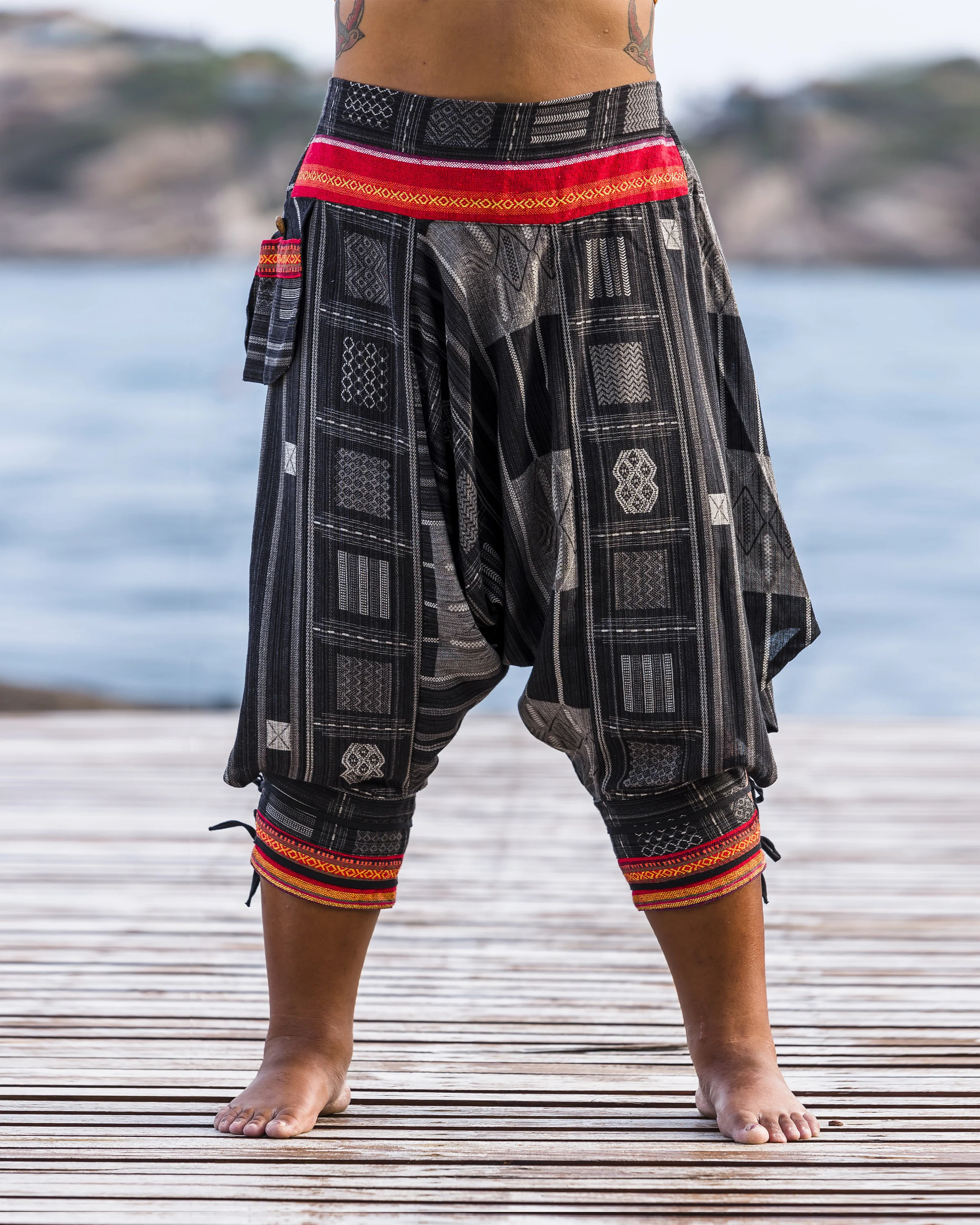 Plus Size Thai Hill Tribe Fabric Women Harem Pants with Ankle Straps in Black