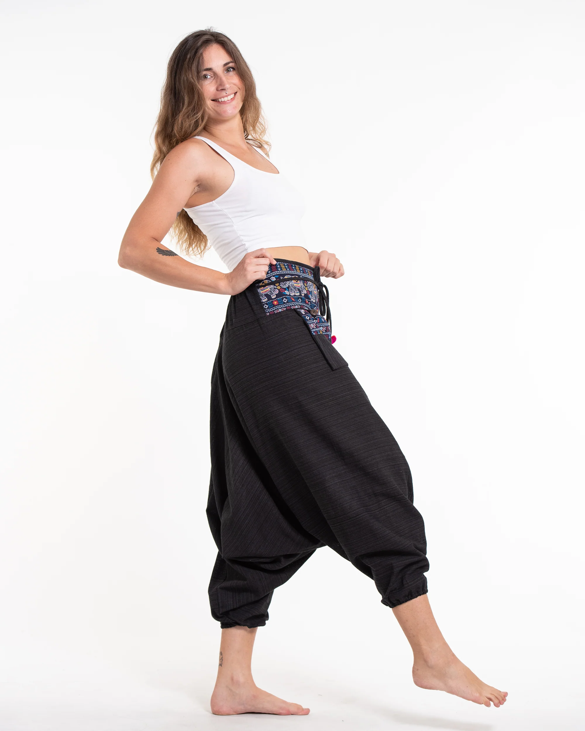 1483-Pinstripe-Cotton-Low-Cut-Women-s-Harem-Pants-with-Elephant-Trim-in-Black-3.webp Pinstripe Cotton Low Cut Women's Harem Pants with Elephant Trim in Black