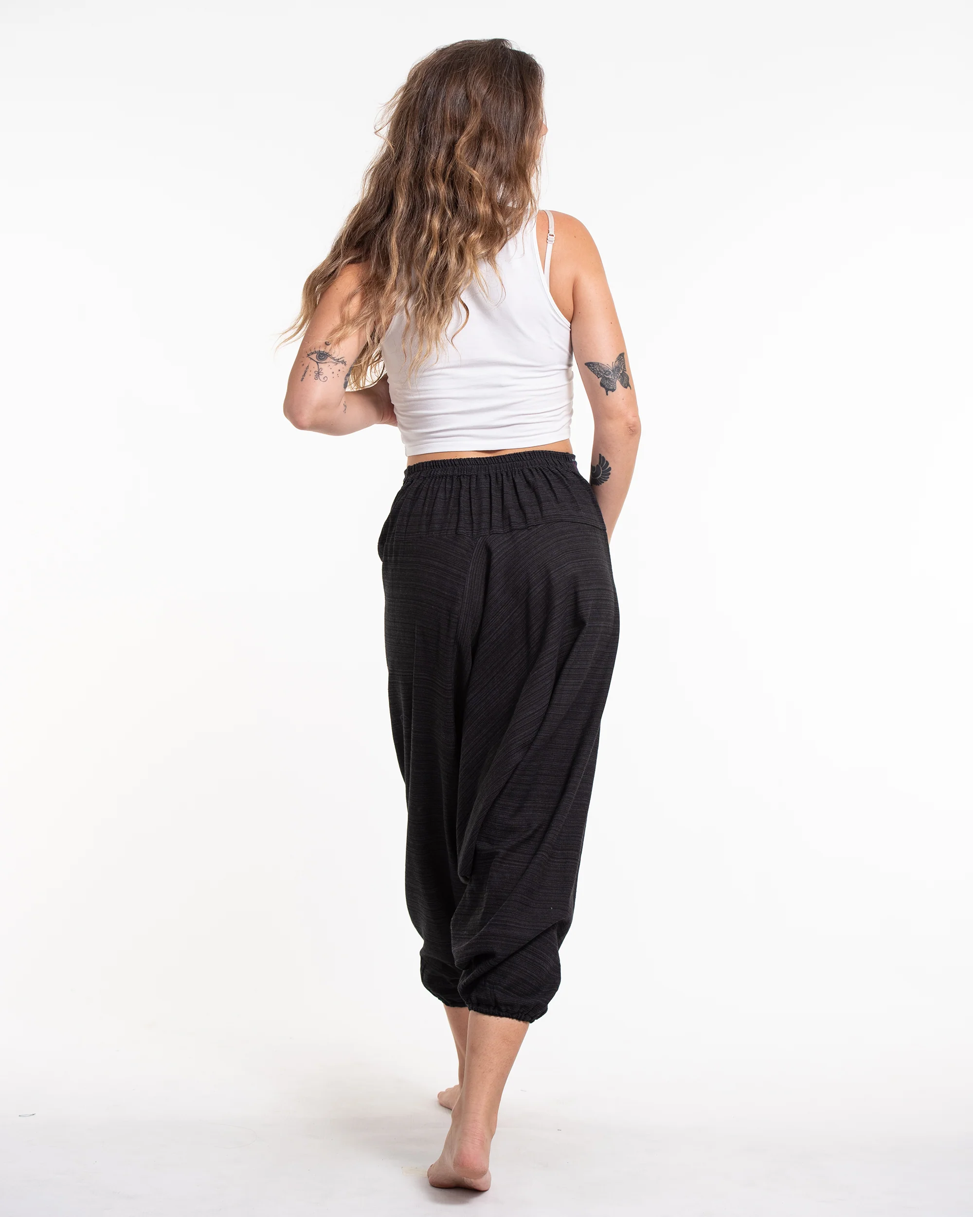 1483-Pinstripe-Cotton-Low-Cut-Women-s-Harem-Pants-with-Elephant-Trim-in-Black-4.webp Pinstripe Cotton Low Cut Women's Harem Pants with Elephant Trim in Black