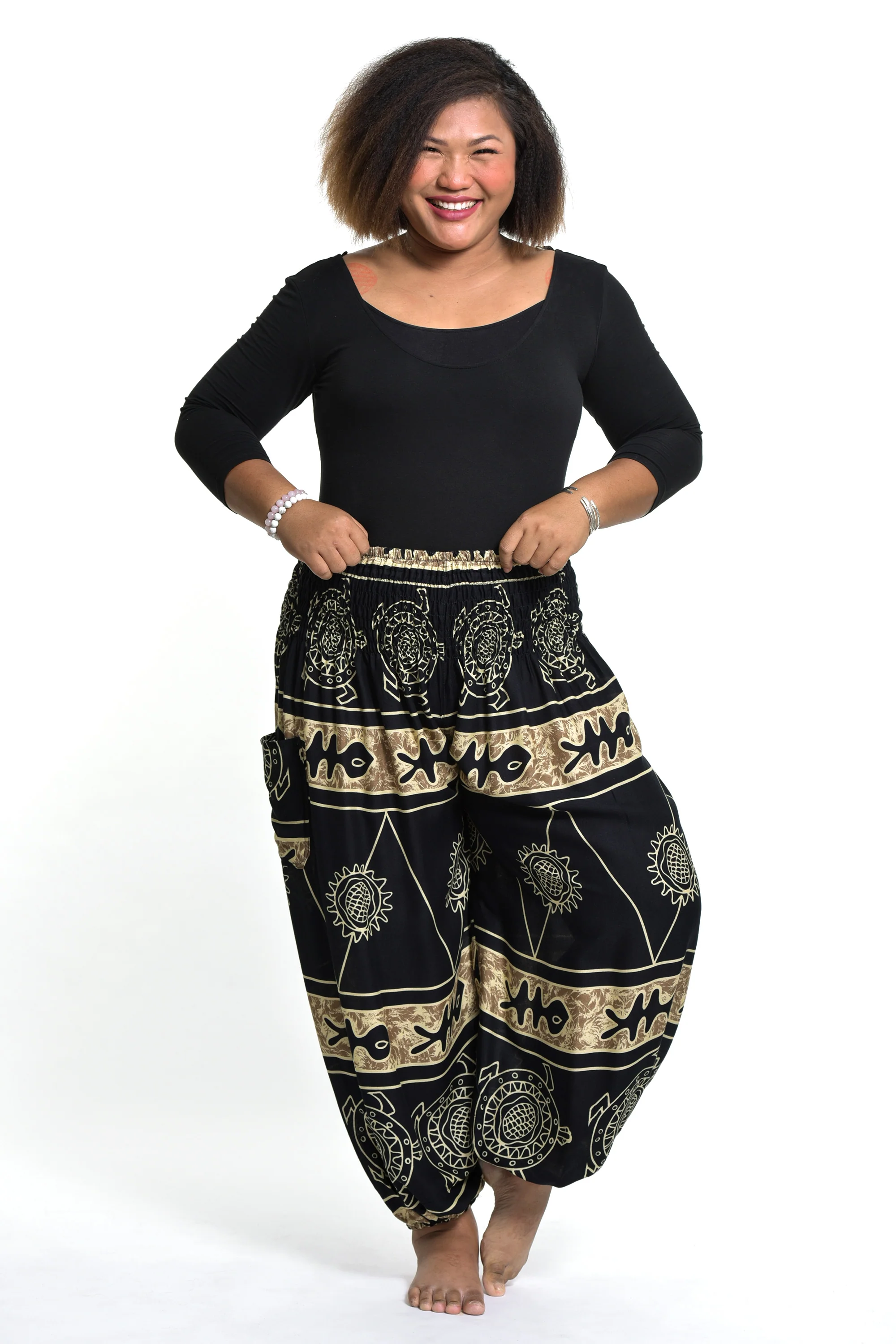 1485-Plus-Size-Turtle-Print-Women-s-Harem-Pants-in-Gold-3.webp Plus Size Turtle Print Women's Harem Pants in Gold