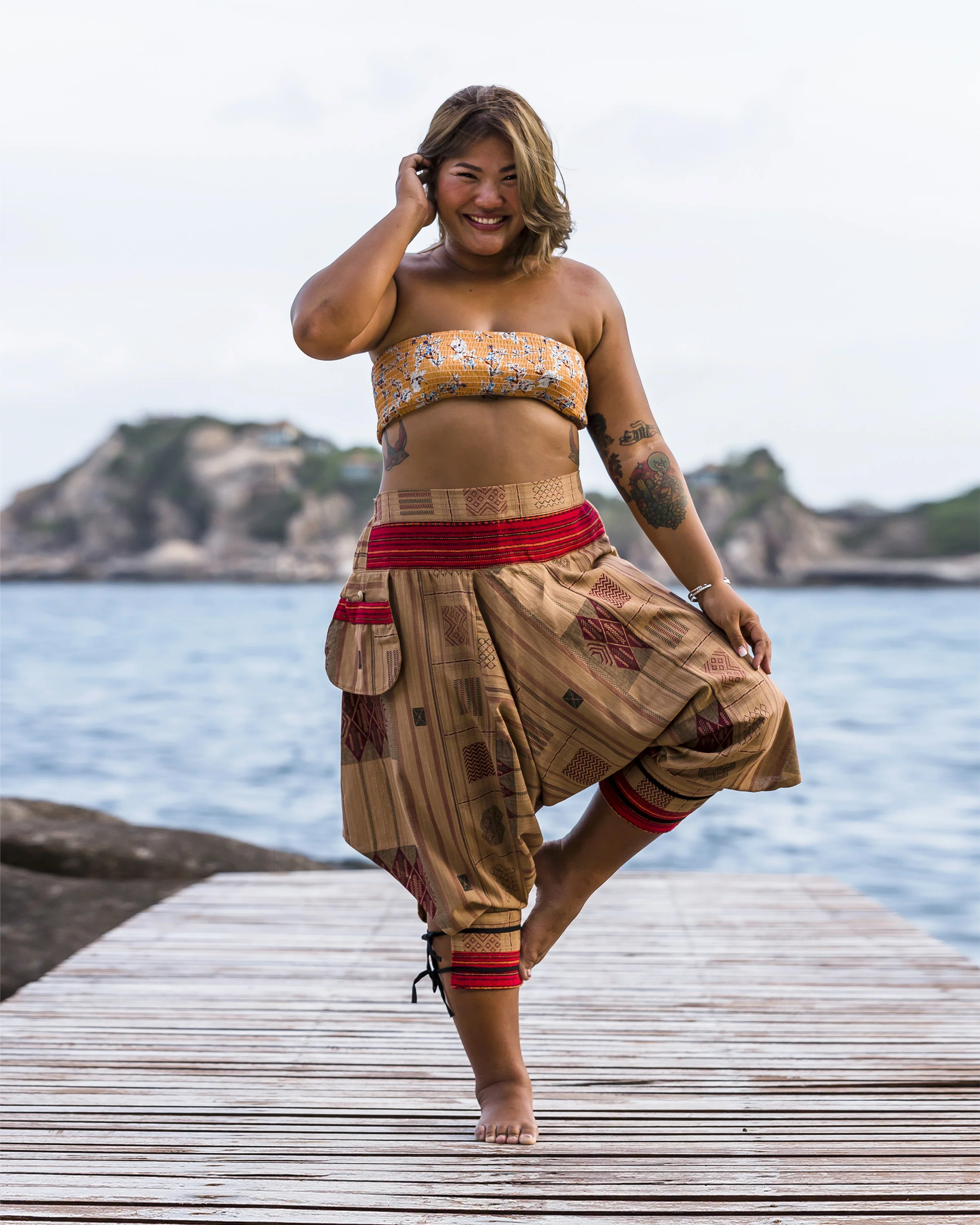 Plus Size Thai Hill Tribe Fabric Women Harem Pants with Ankle Straps in Beige