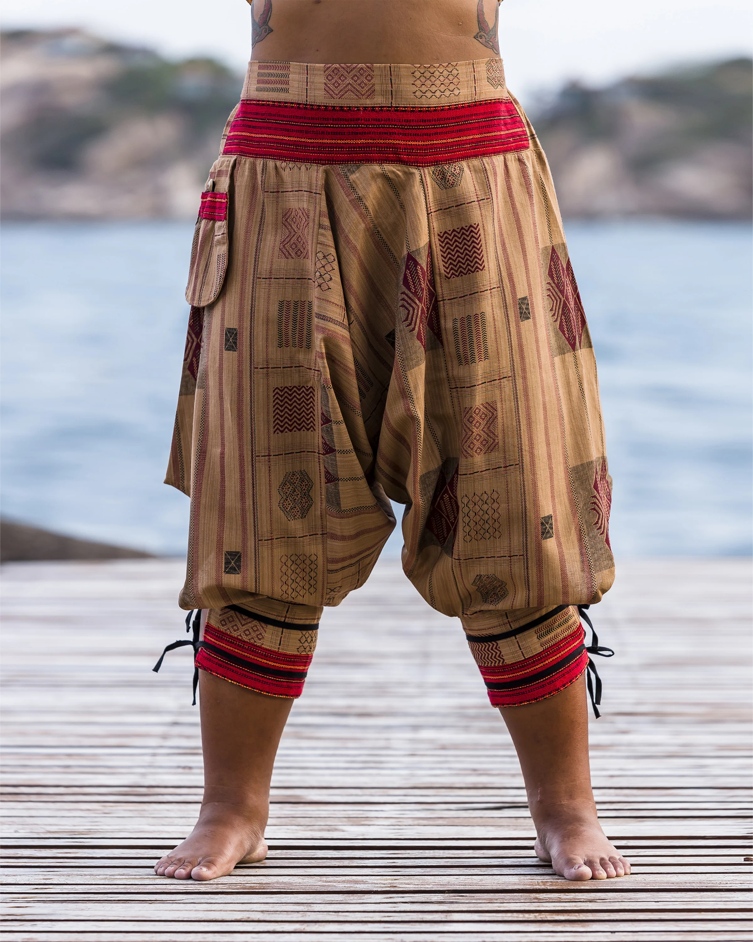 Plus Size Thai Hill Tribe Fabric Women Harem Pants with Ankle Straps in Beige