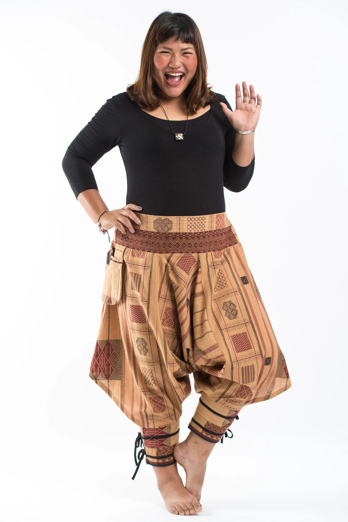 1487-Plus-Size-Thai-Hill-Tribe-Fabric-Women-Harem-Pants-with-Ankle-Straps-in-Beige-5.webp Plus Size Thai Hill Tribe Fabric Women Harem Pants with Ankle Straps in Beige