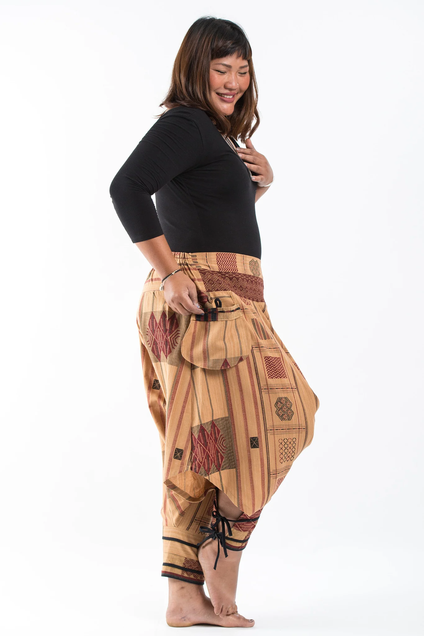 1487-Plus-Size-Thai-Hill-Tribe-Fabric-Women-Harem-Pants-with-Ankle-Straps-in-Beige-6.webp Plus Size Thai Hill Tribe Fabric Women Harem Pants with Ankle Straps in Beige