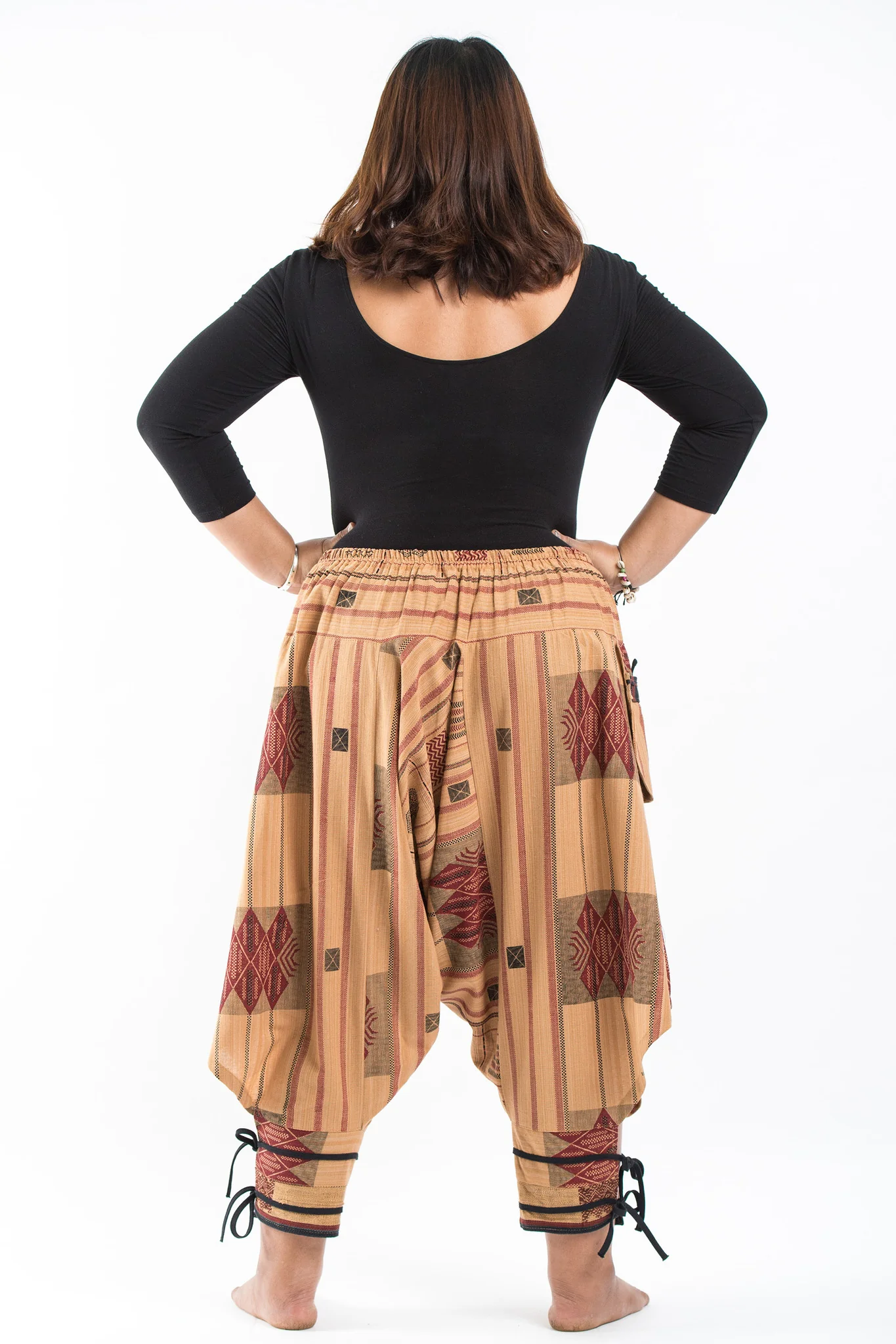 1487-Plus-Size-Thai-Hill-Tribe-Fabric-Women-Harem-Pants-with-Ankle-Straps-in-Beige-7.webp Plus Size Thai Hill Tribe Fabric Women Harem Pants with Ankle Straps in Beige
