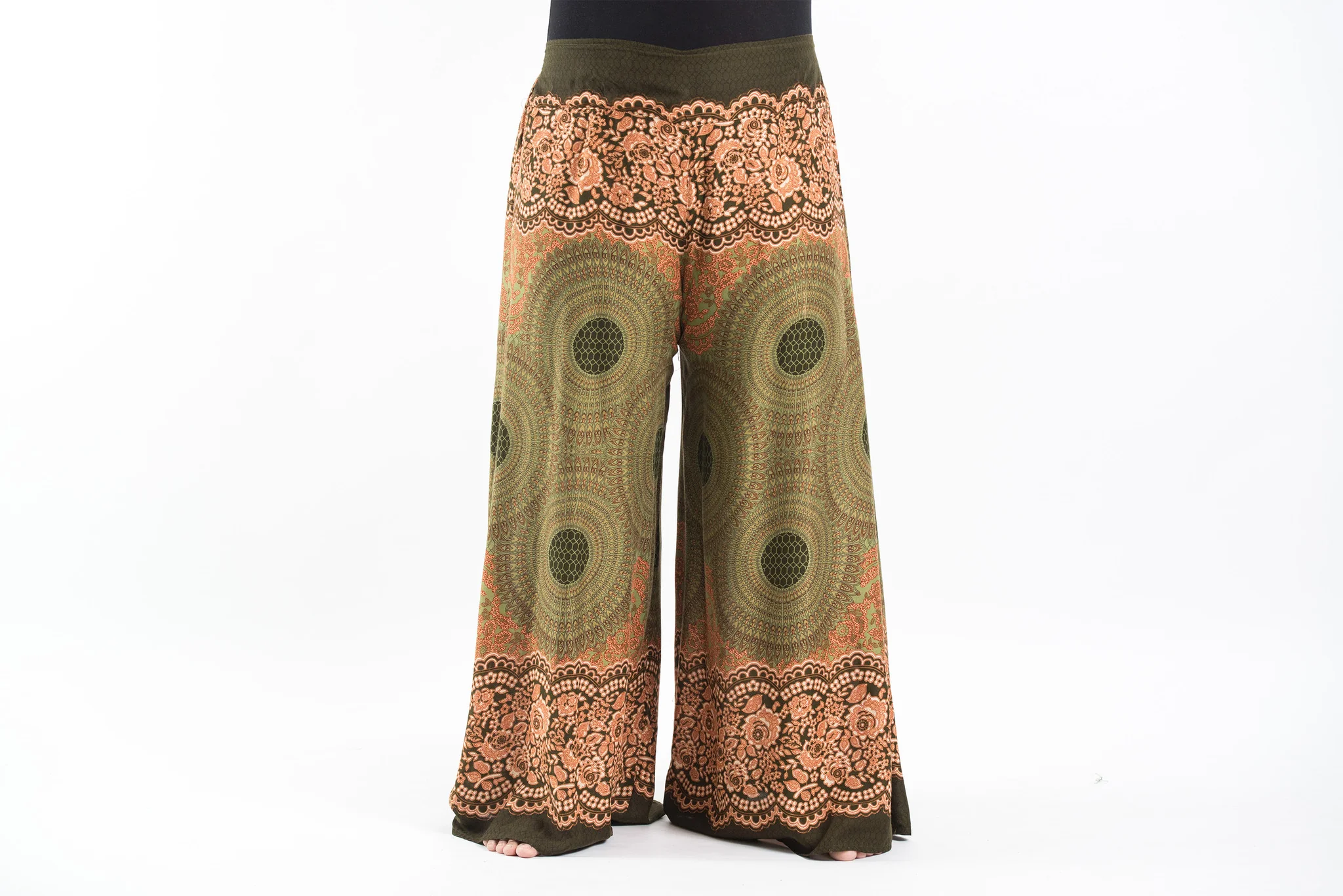 Plus Size Geometric Mandalas Palazzo Style Harem Pants in Olive