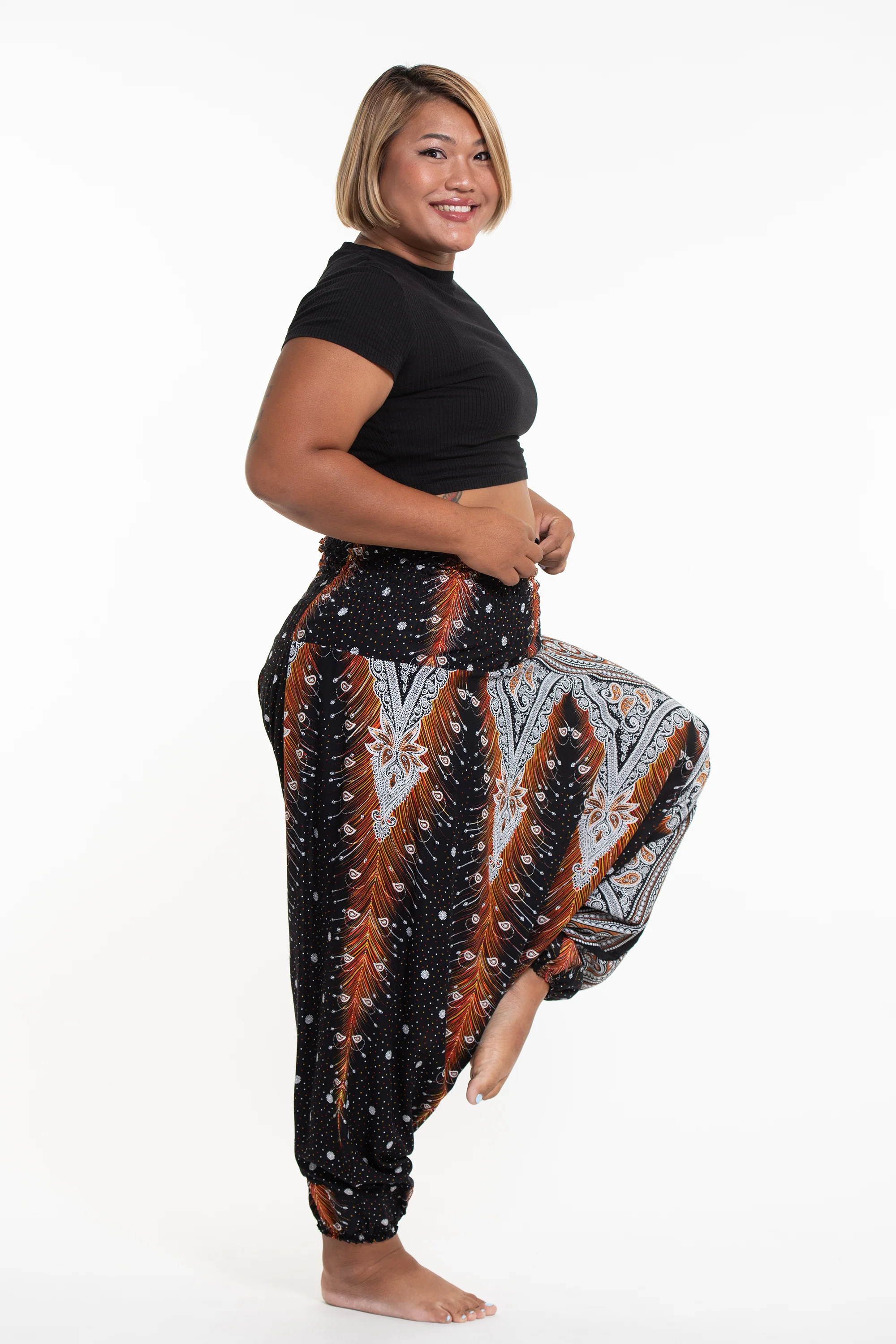 1514-Plus-Size-Peacock-Feathers-2-in-1-Jumpsuit-Harem-Pants-in-Black-3.webp Plus Size Peacock Feathers 2-in-1 Jumpsuit Harem Pants in Black