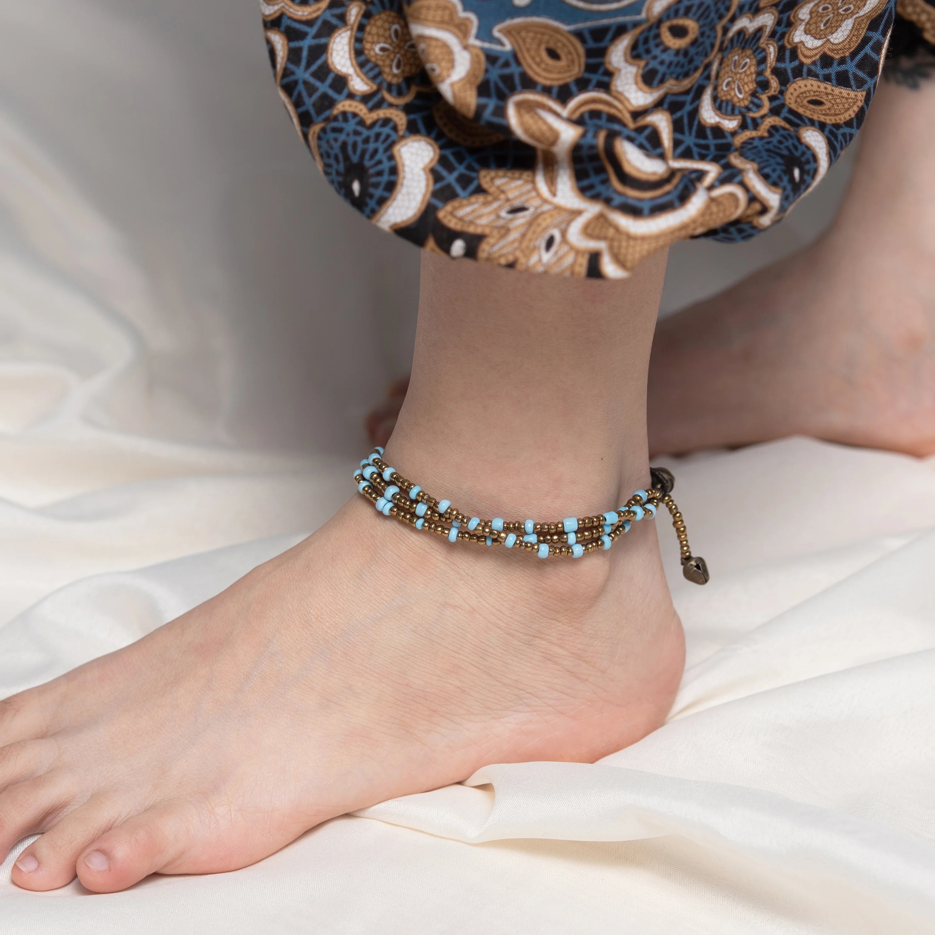 Hand Made Fair Trade Anklet Three Strand Brass Beads Turquoise