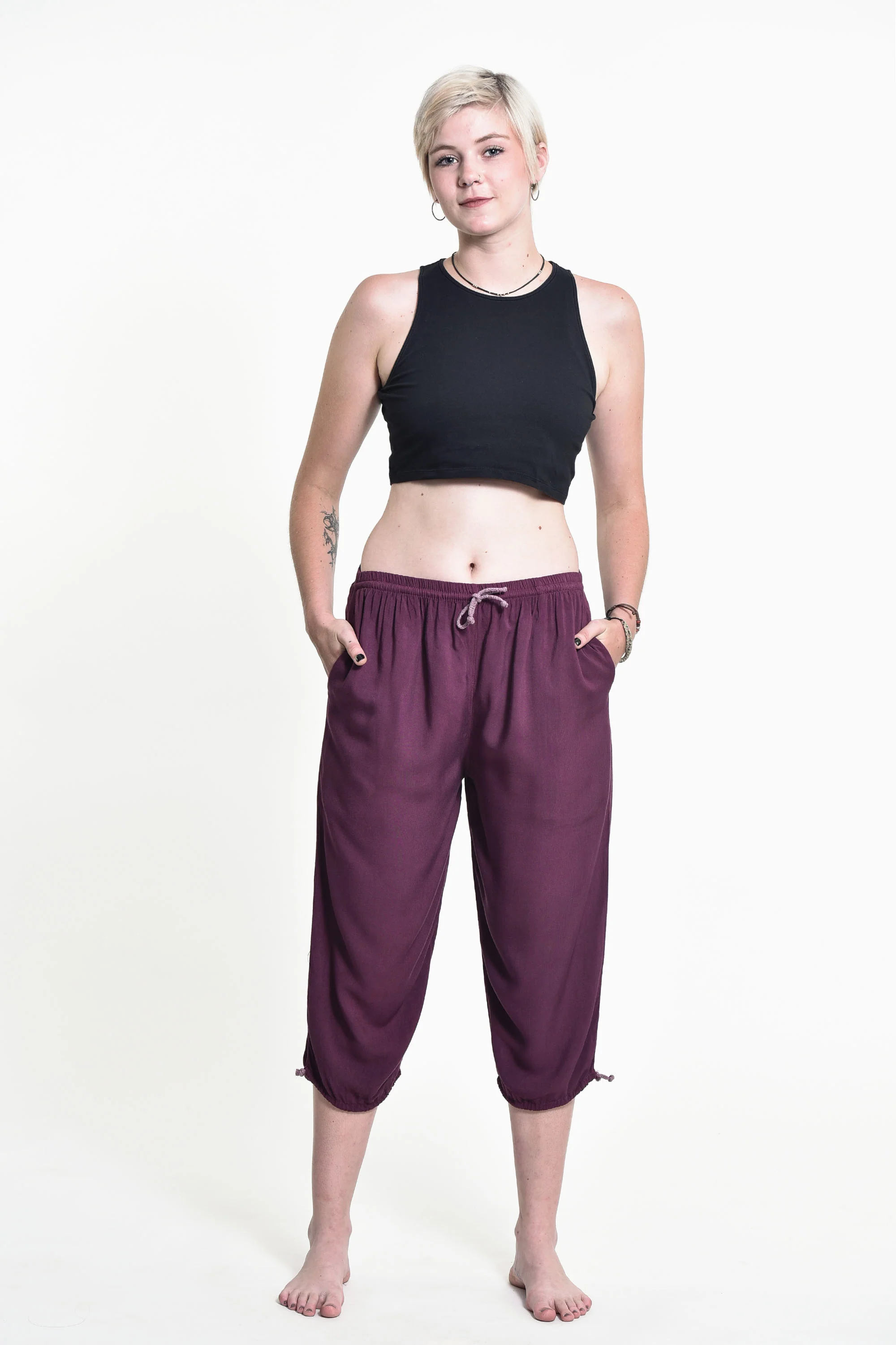 Women's Drawstring Yoga Massage Cropped Pants in Dark Purple