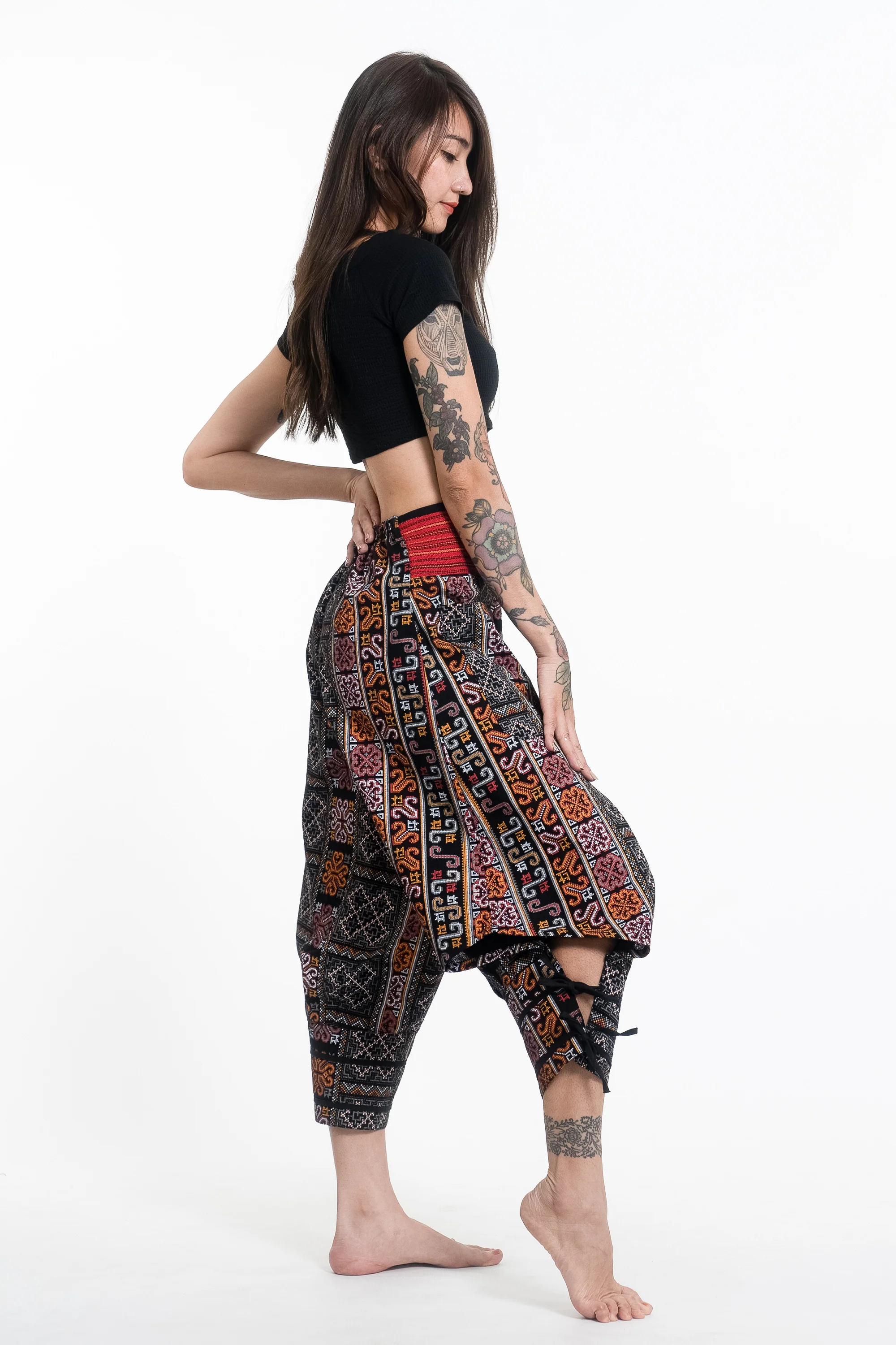 1528-Clovers-Thai-Hill-Tribe-Fabric-Women-s-Harem-Pants-with-Ankle-Straps-in-Black-3.webp Clovers Thai Hill Tribe Fabric Women's Harem Pants with Ankle Straps in Black