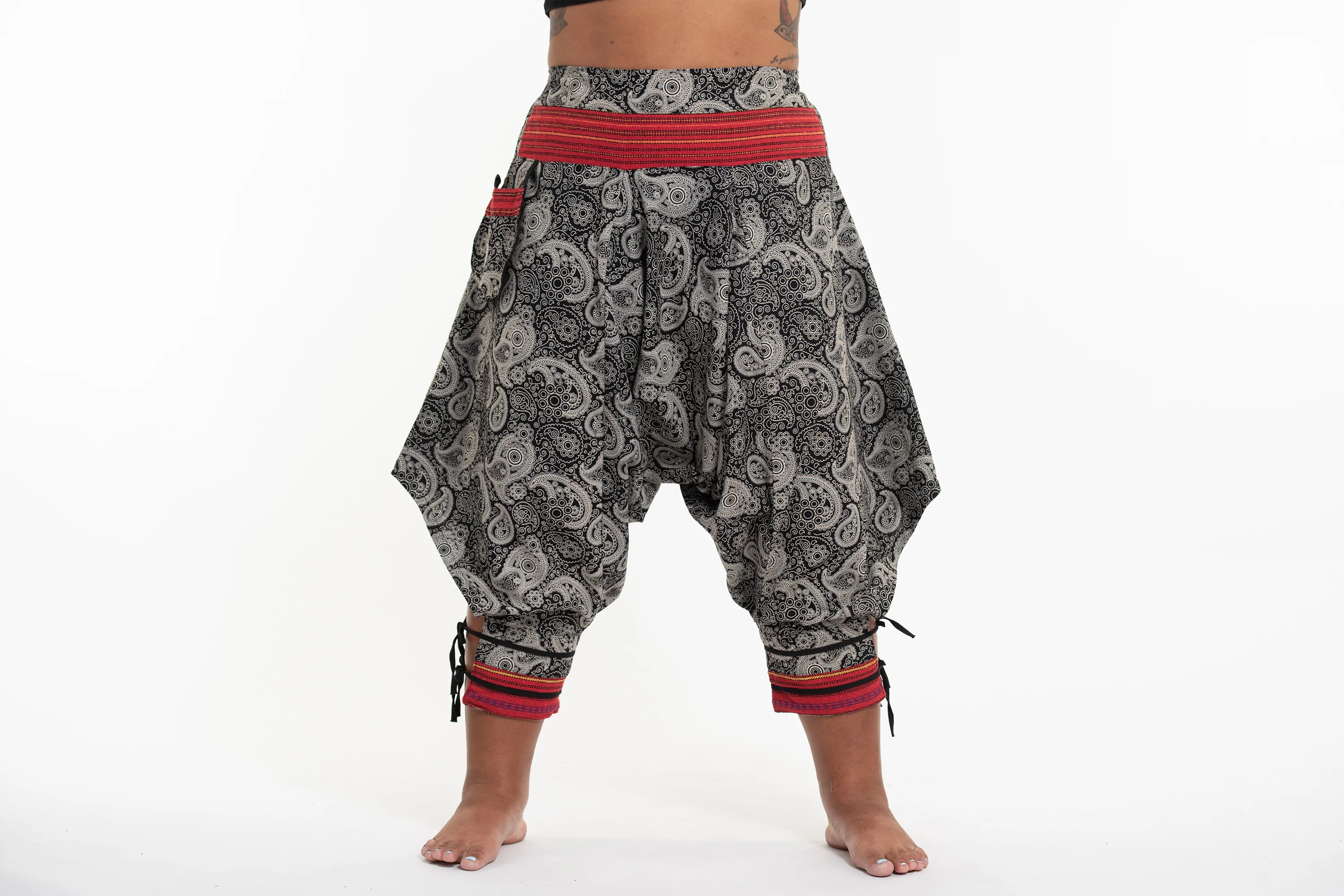 Plus Size Paisley Thai Hill Tribe Fabric Women's Harem Pants with Ankle Straps