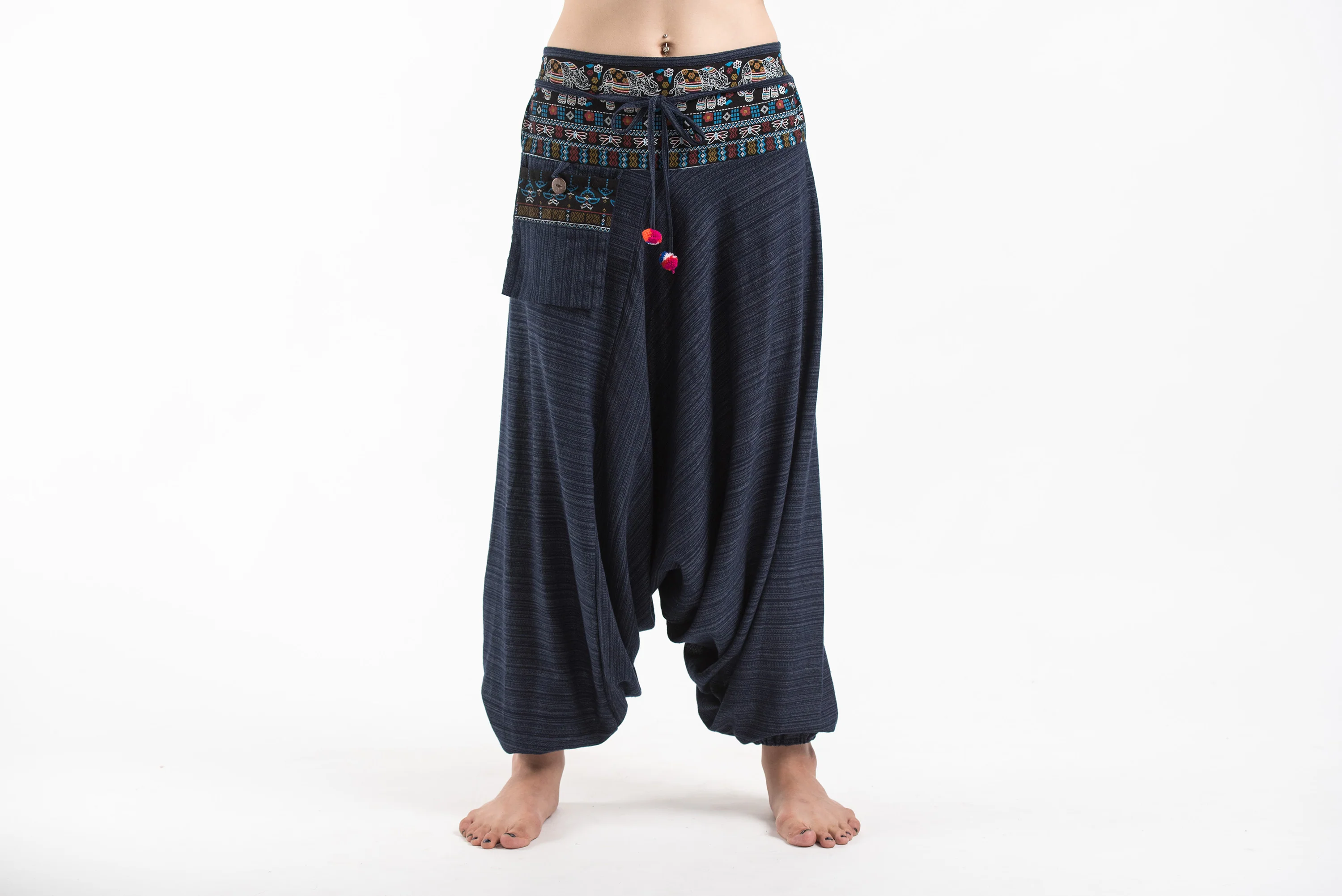 Pinstripe Cotton Low Cut Women's Harem Pants with Elephant Trim in Navy