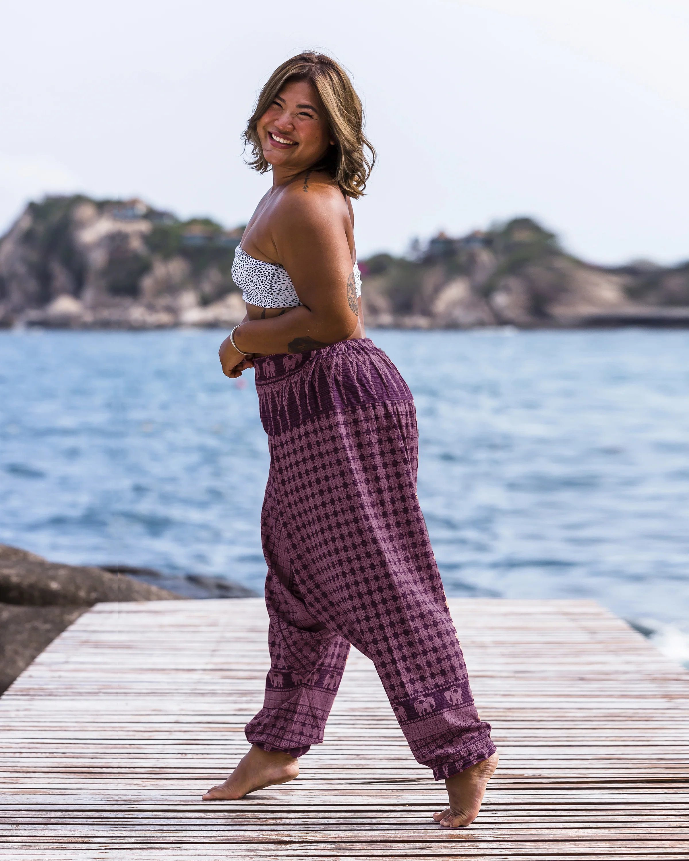 Plus Size Hill Tribe Elephant Women's Elephant Pants in Purple