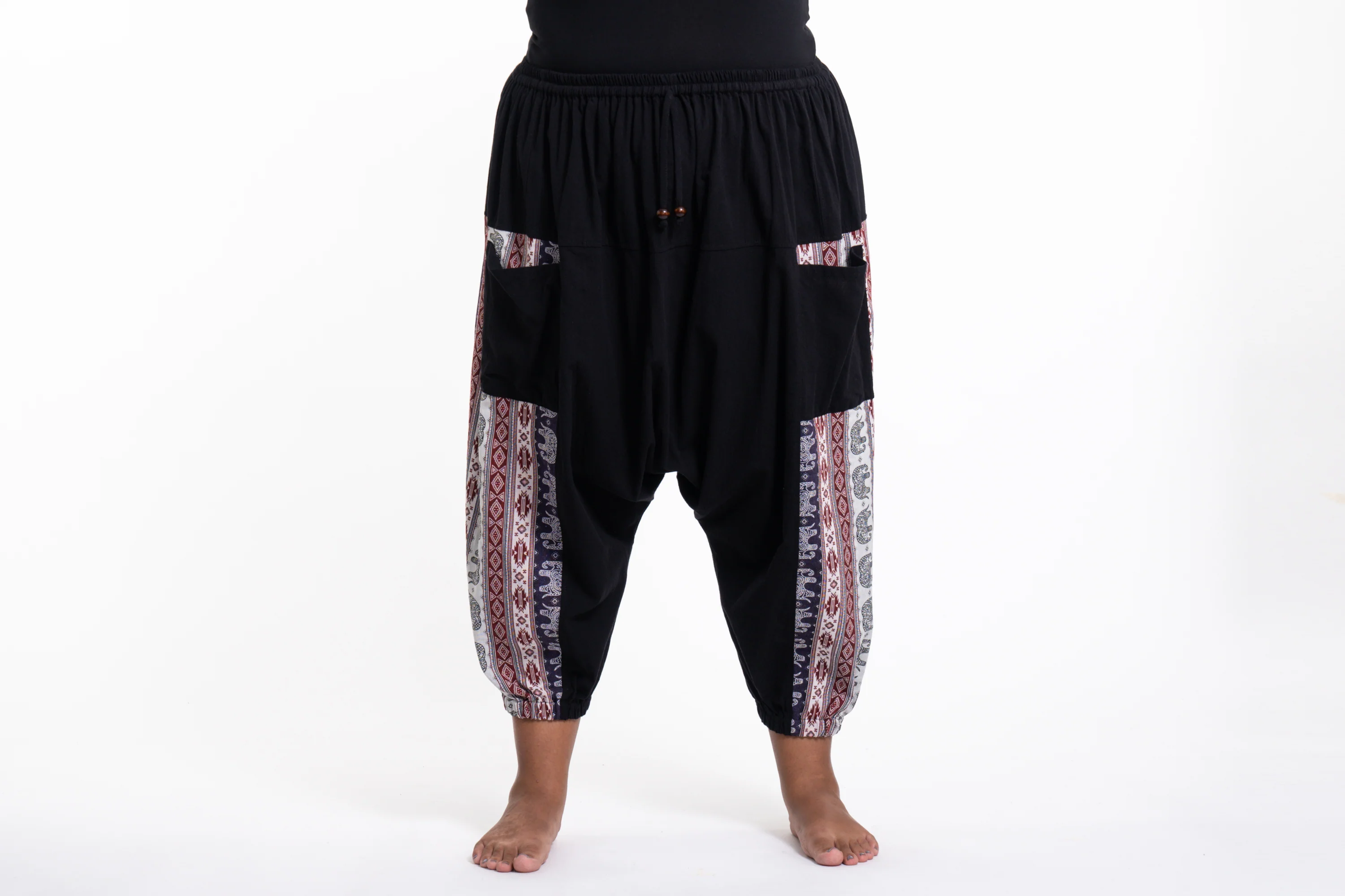 Plus Size Elephant Aztec Cotton Women's Harem Pants in Black