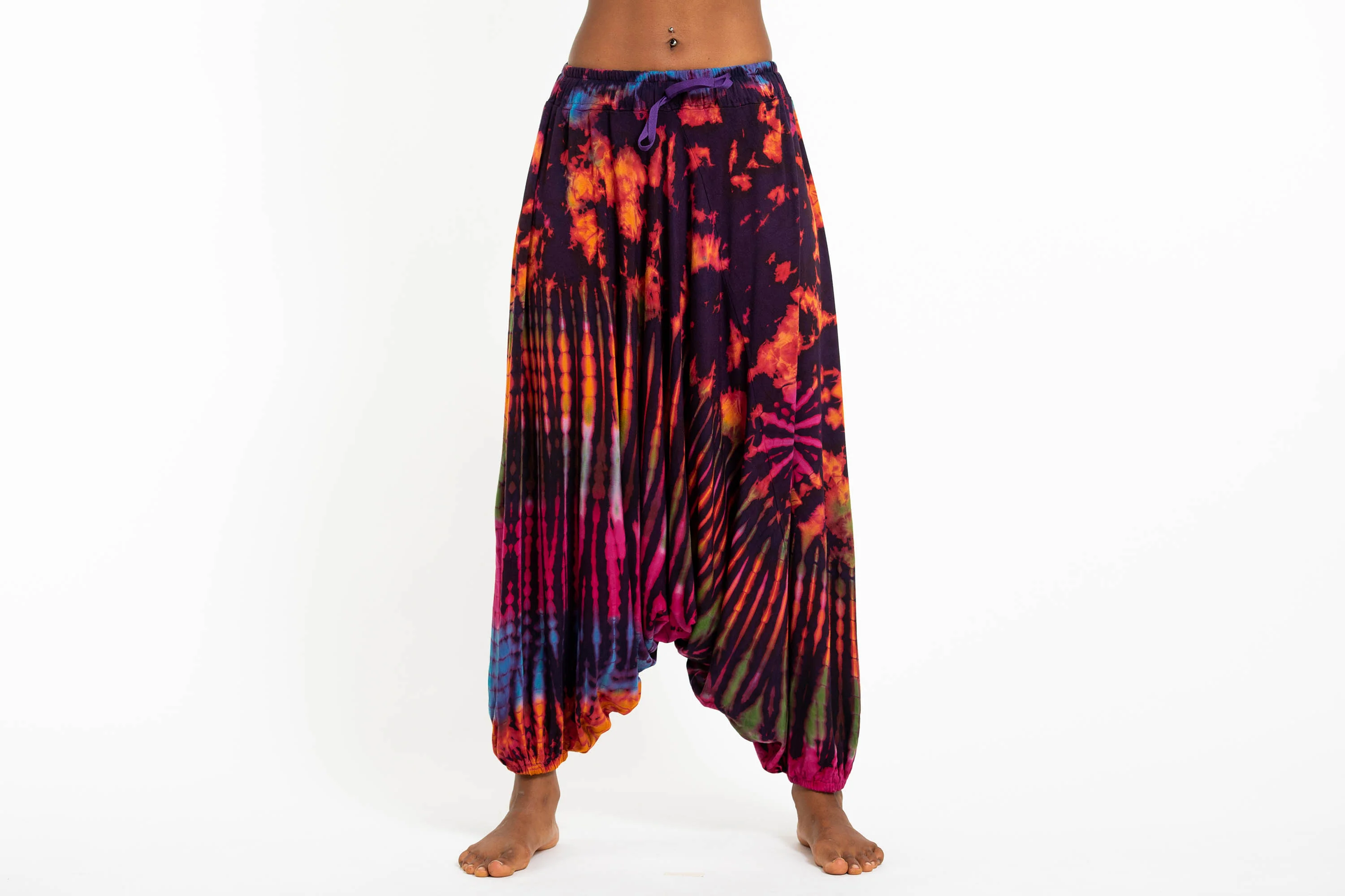 Tie Dye Women's Spandex Cotton Low Cut Harem Pants in Purple