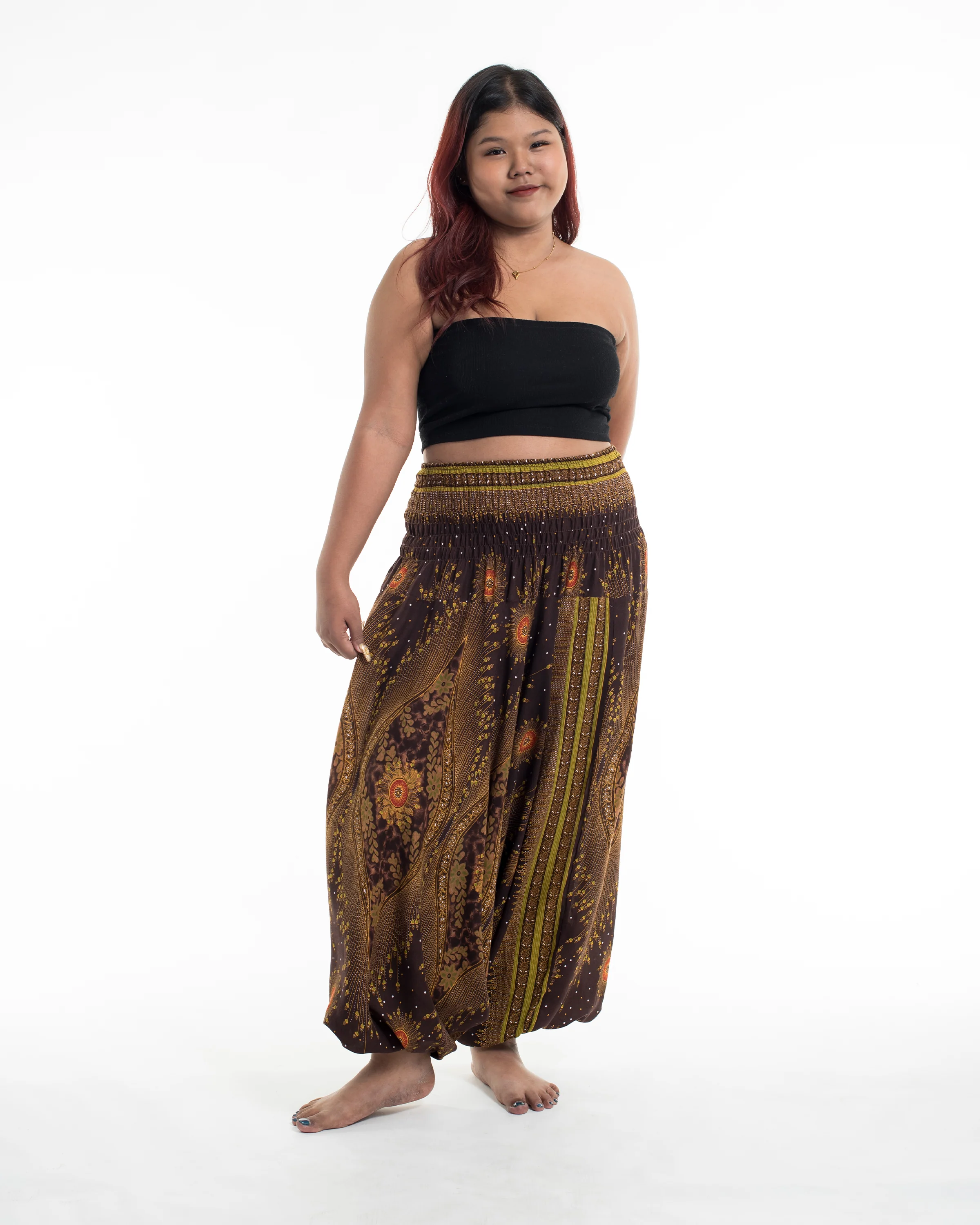 Plus Size Peacock Eyes 2-in-1 Jumpsuit Harem Pants in Brown