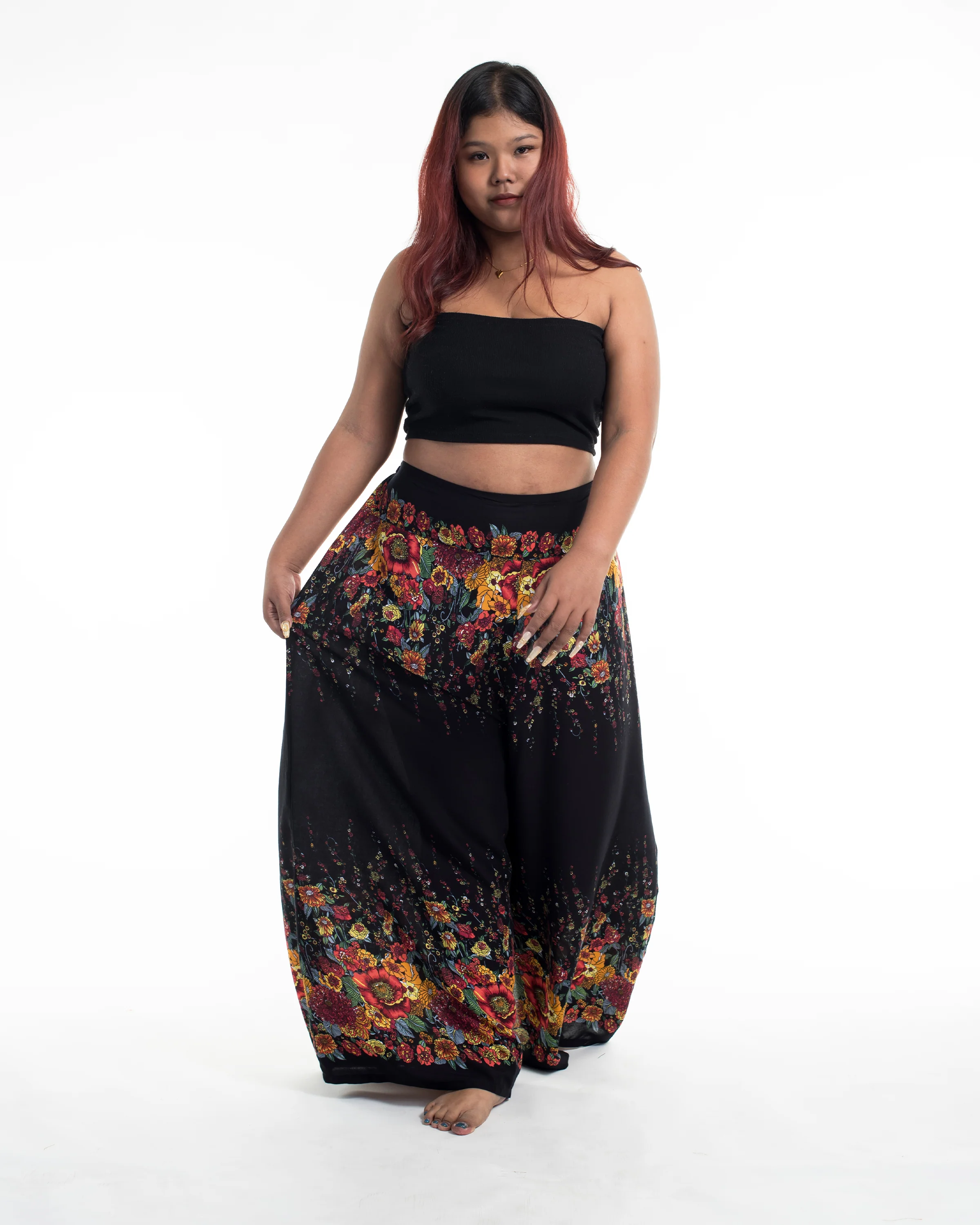 Plus Size Floral Palazzo Style Harem Pants in Black