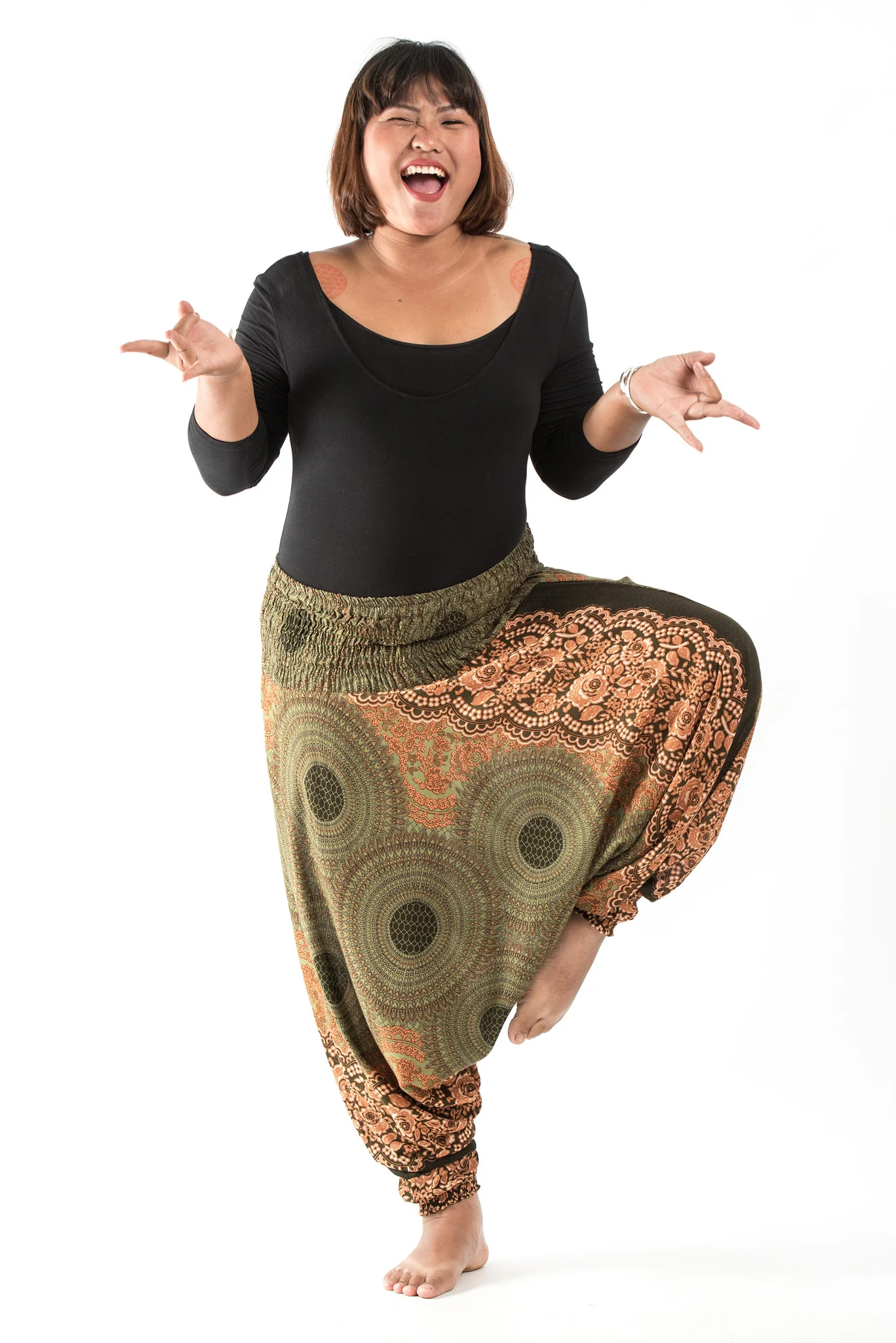 Plus Size Geometric Mandalas 2-in-1 Jumpsuit Harem Pants in Olive