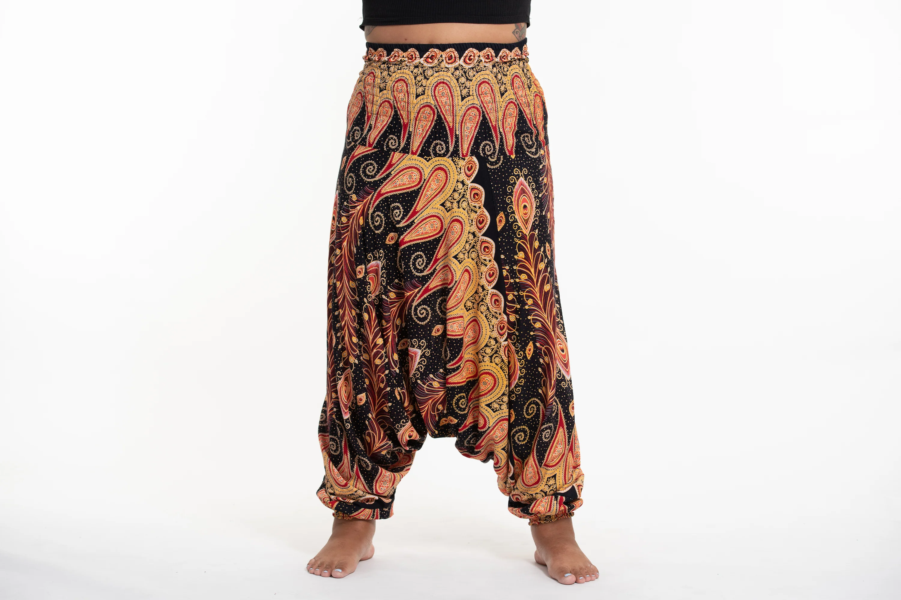 Plus Size Peacock Paisley 2-in-1 Jumpsuit Harem Pants in Black